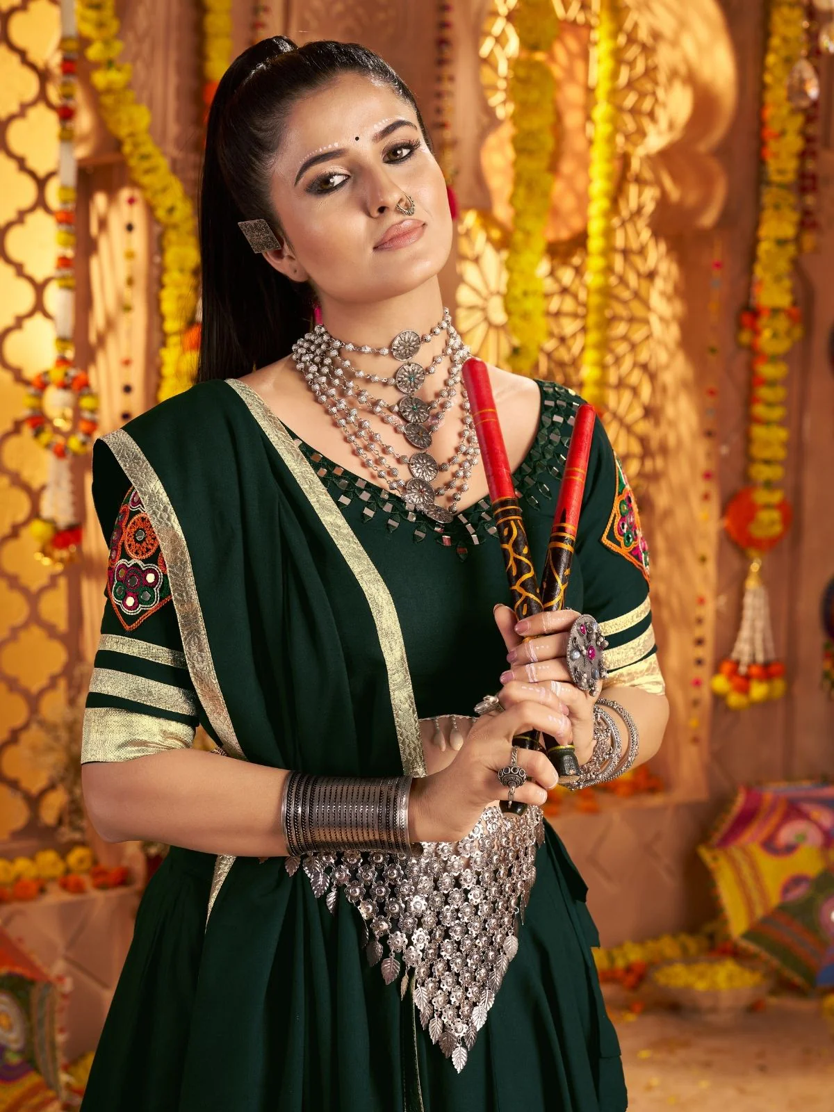 Odette Dark Green Viscose Rayon Rabari Work Semi-Stitched lehenga With Stunning Tassels For Women - Image 5