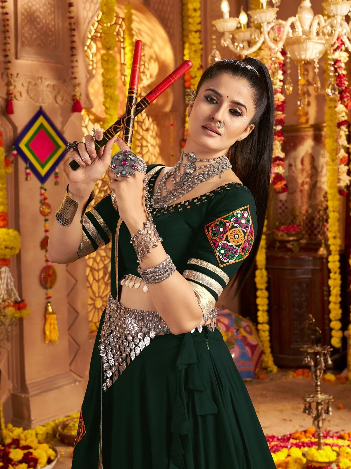 Odette Dark Green Viscose Rayon Rabari Work Semi-Stitched lehenga With Stunning Tassels For Women - Image 6