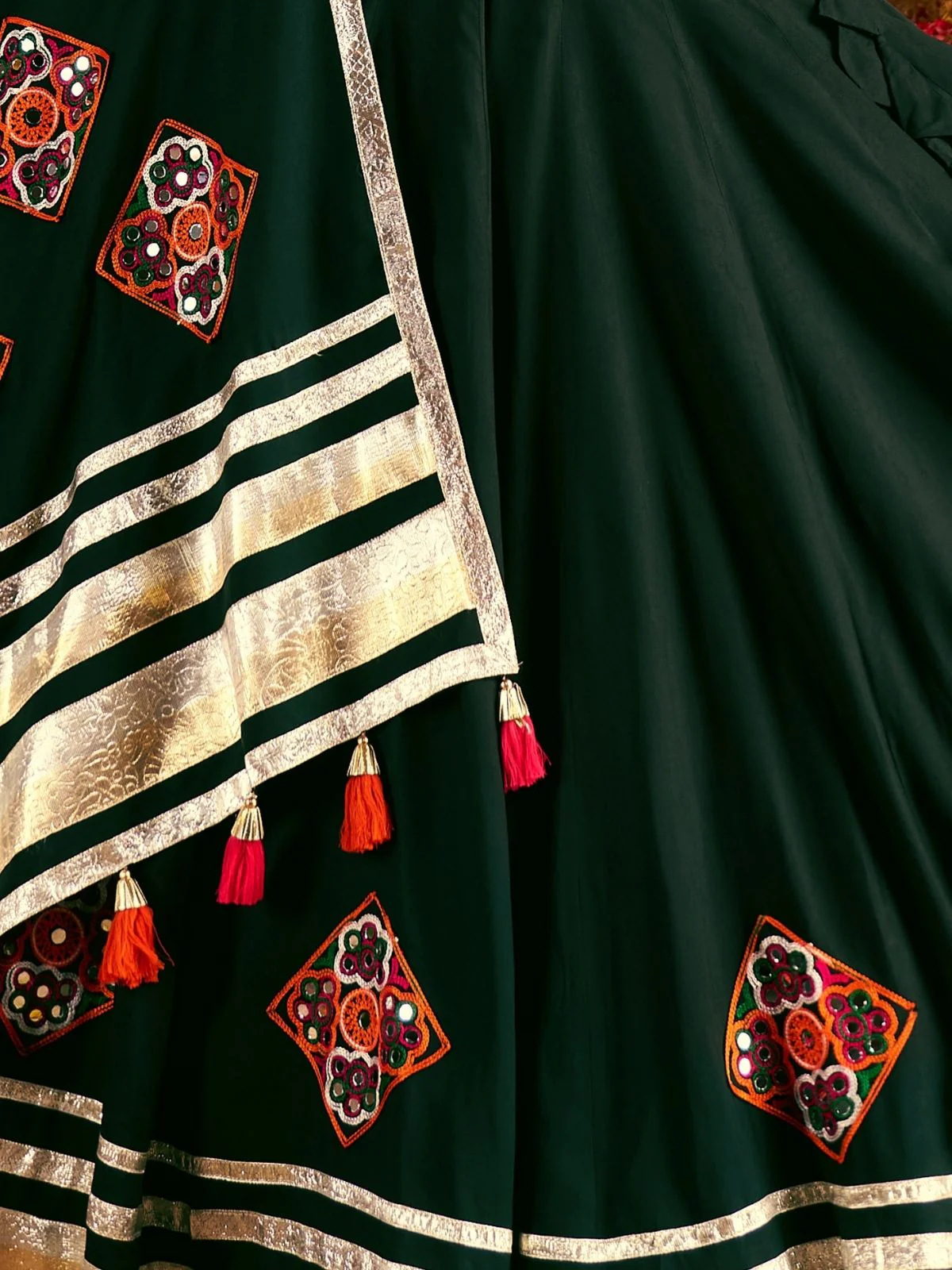Odette Dark Green Viscose Rayon Rabari Work Semi-Stitched lehenga With Stunning Tassels For Women - Image 7