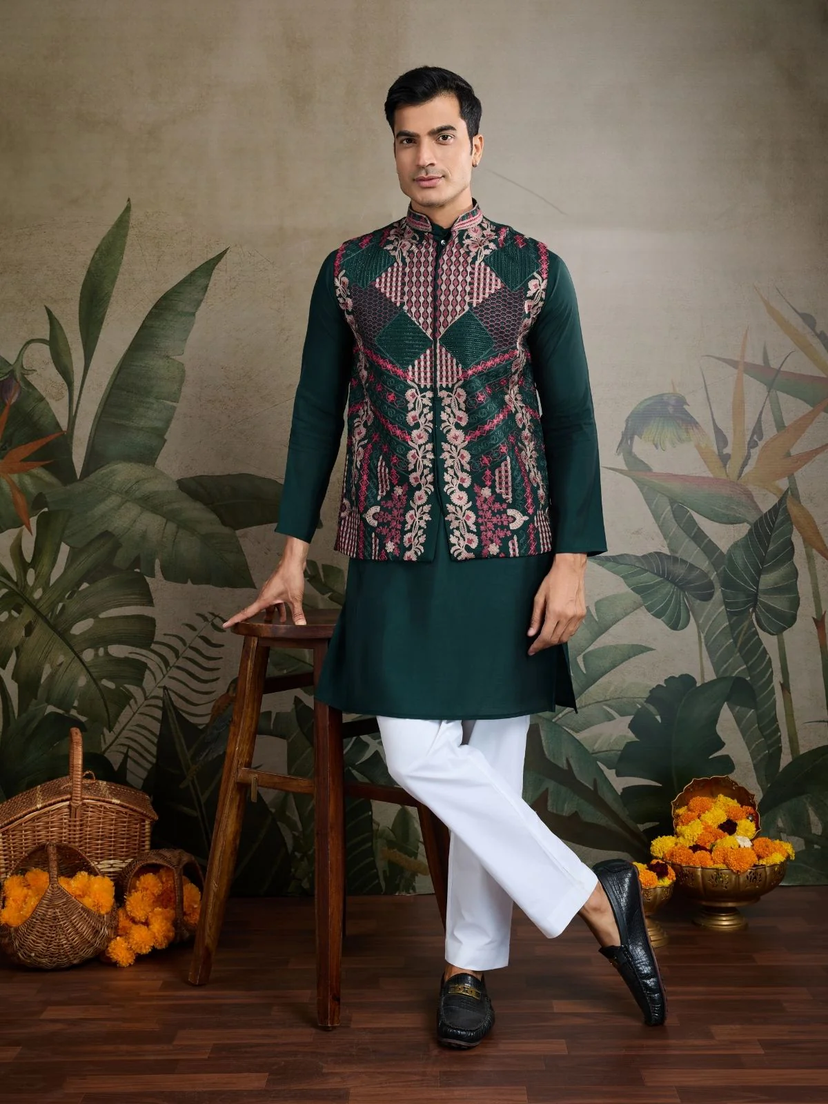 Odette Dark Green Viscose Silk Embroidered Stitched Kurta For Men