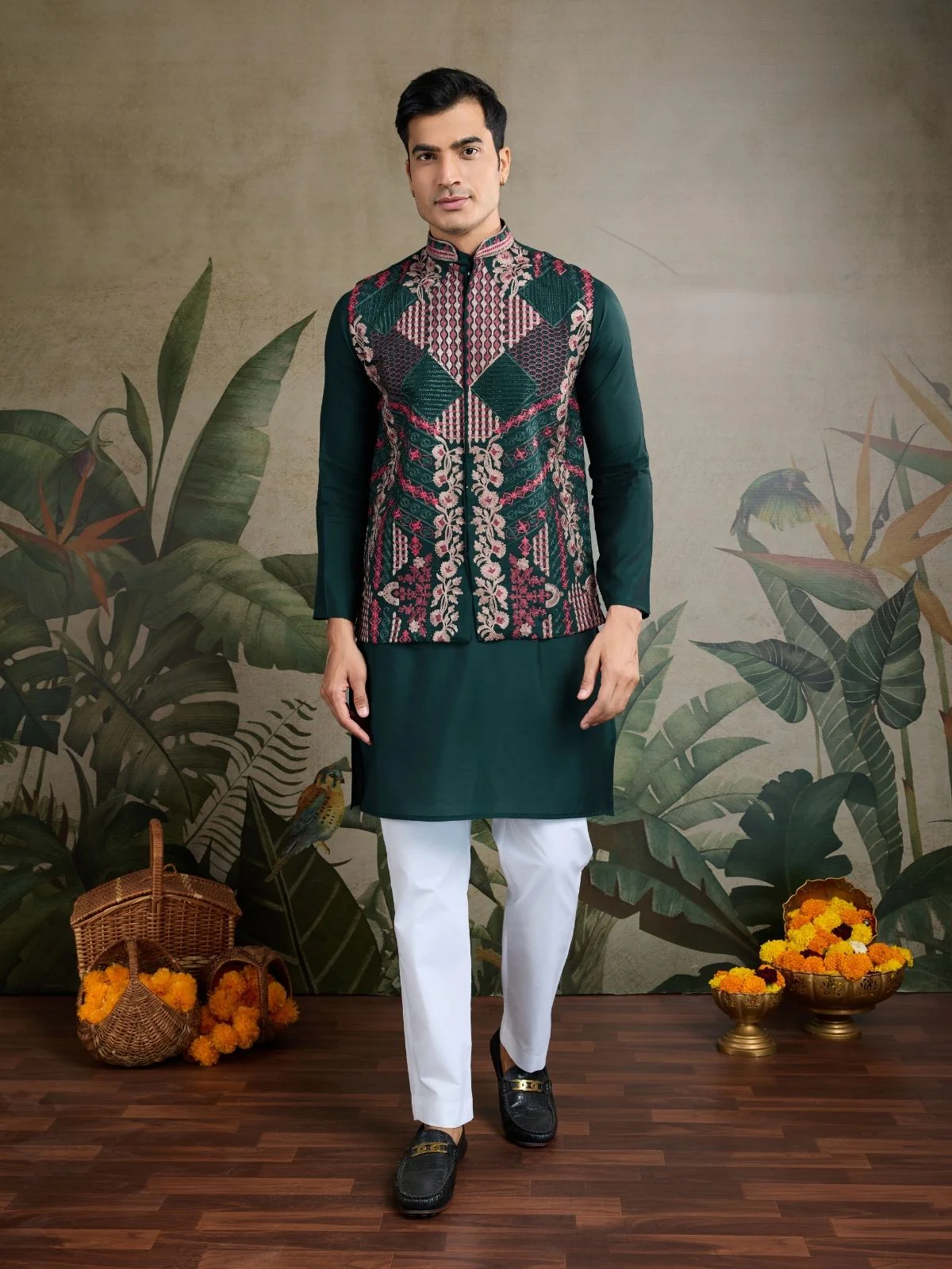Odette Dark Green Viscose Silk Embroidered Stitched Kurta For Men - Image 2