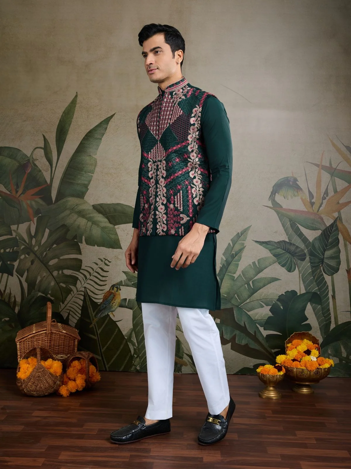 Odette Dark Green Viscose Silk Embroidered Stitched Kurta For Men - Image 3