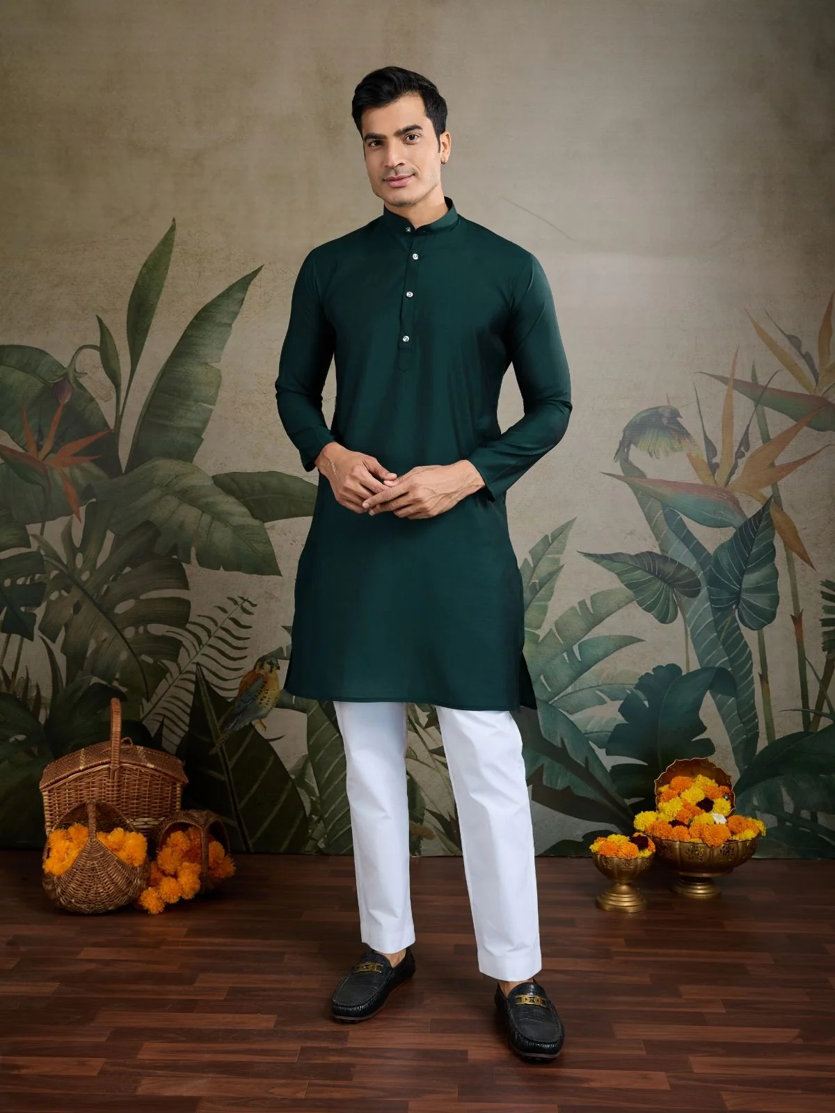 Odette Dark Green Viscose Silk Embroidered Stitched Kurta For Men - Image 4