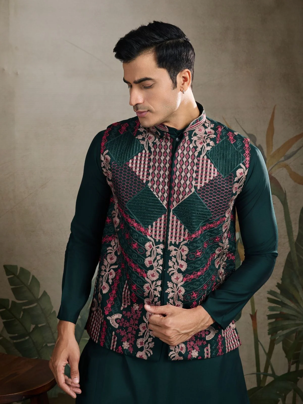 Odette Dark Green Viscose Silk Embroidered Stitched Kurta For Men - Image 5