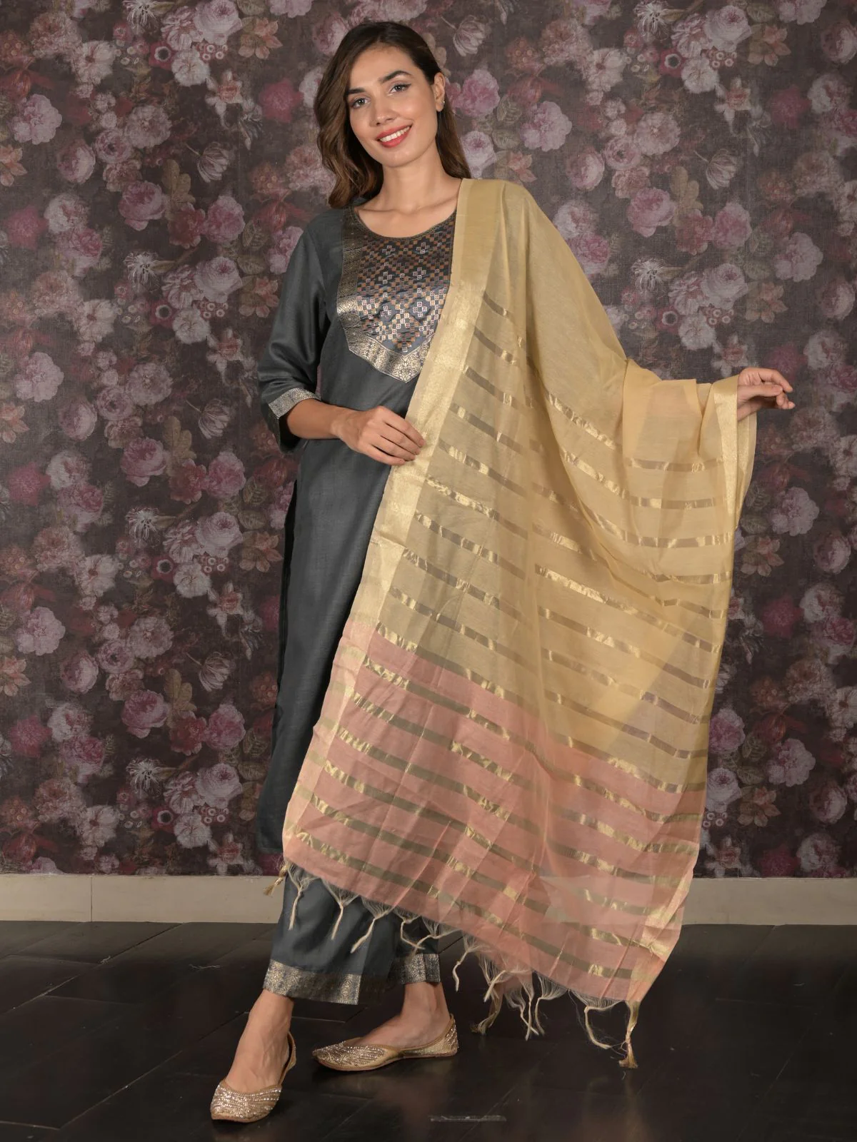 Odette Dark Grey Cotton Blend Woven Stitched Kurta Set for Women - Image 2