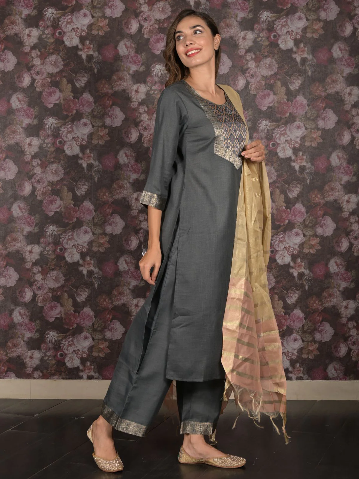 Odette Dark Grey Cotton Blend Woven Stitched Kurta Set for Women - Image 3