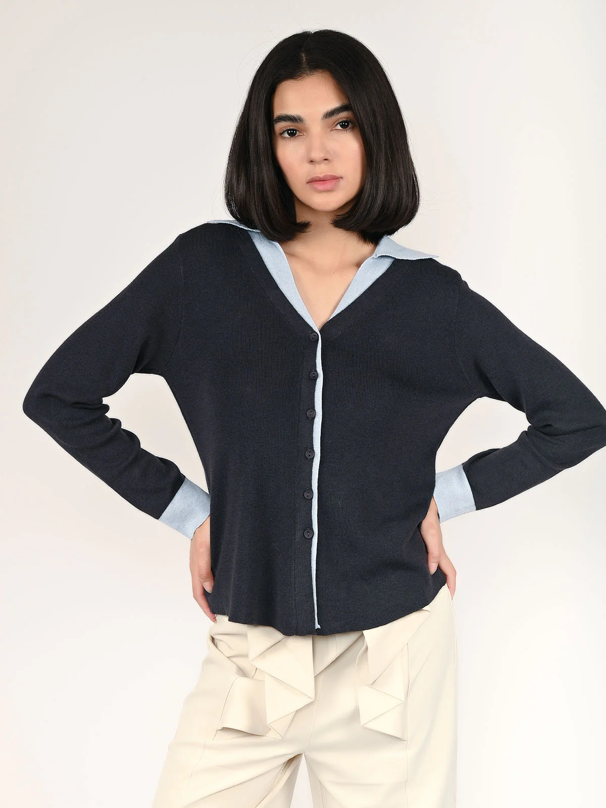 Odette Dark grey Cotton Rib Solid Top For Women