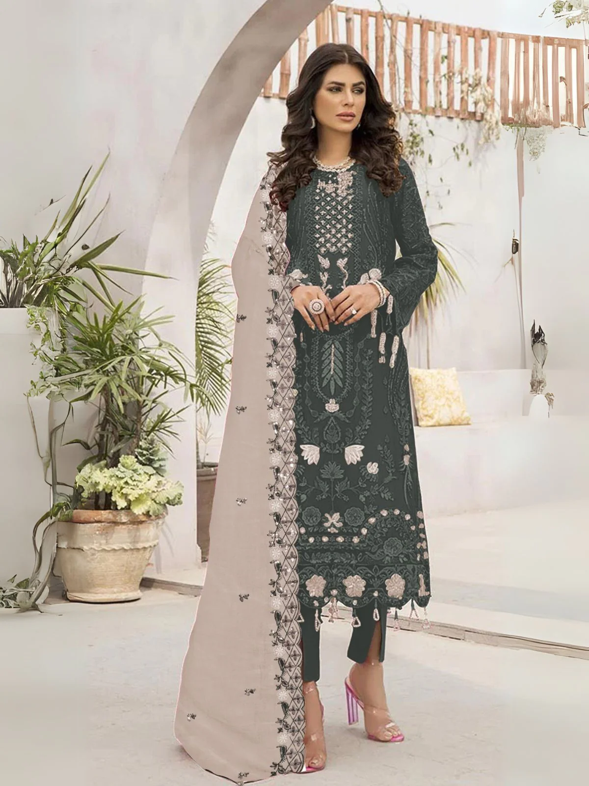 Odette Dark Grey Georgette Embroidered Semi-Stitched Kurta Set For Women