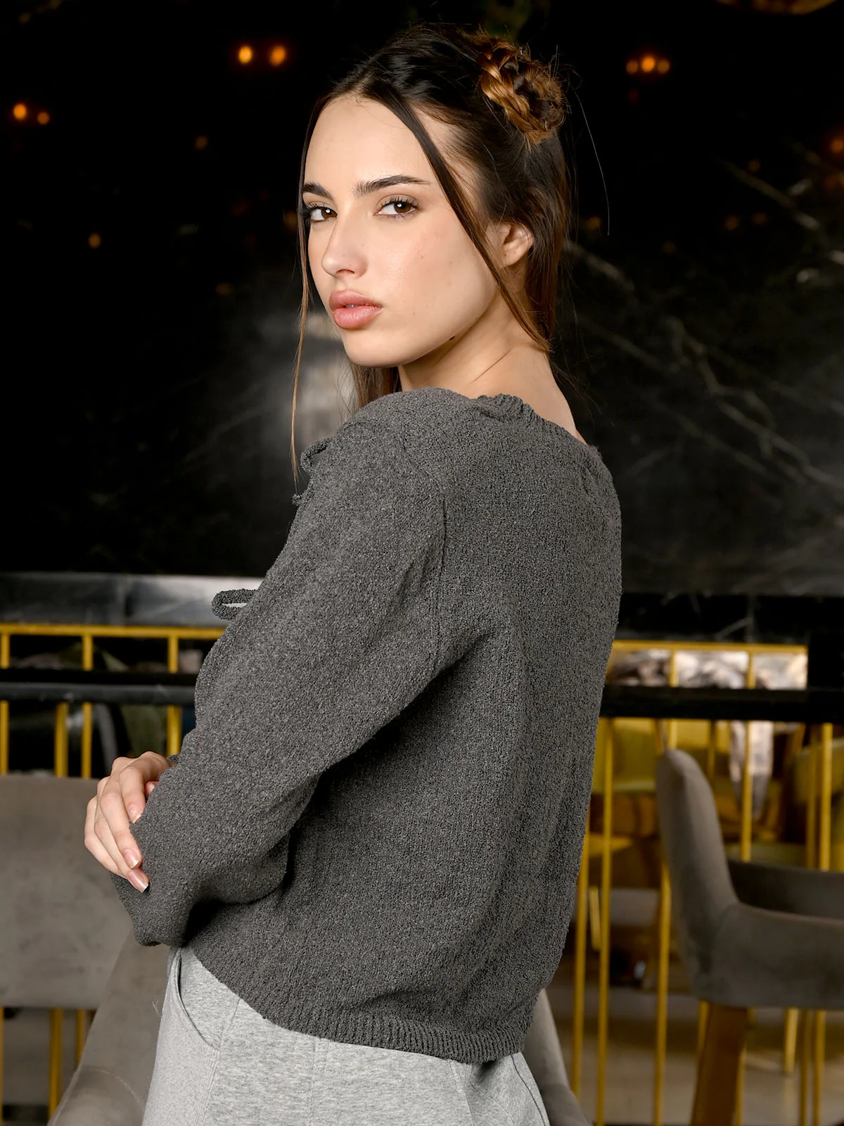 Odette Dark Grey Jersey Knit Top For Women - Image 2