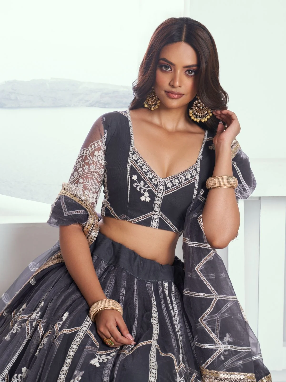 Odette Dark Grey Net Embroidered Semi Stitched Lehenga For Women - Image 2