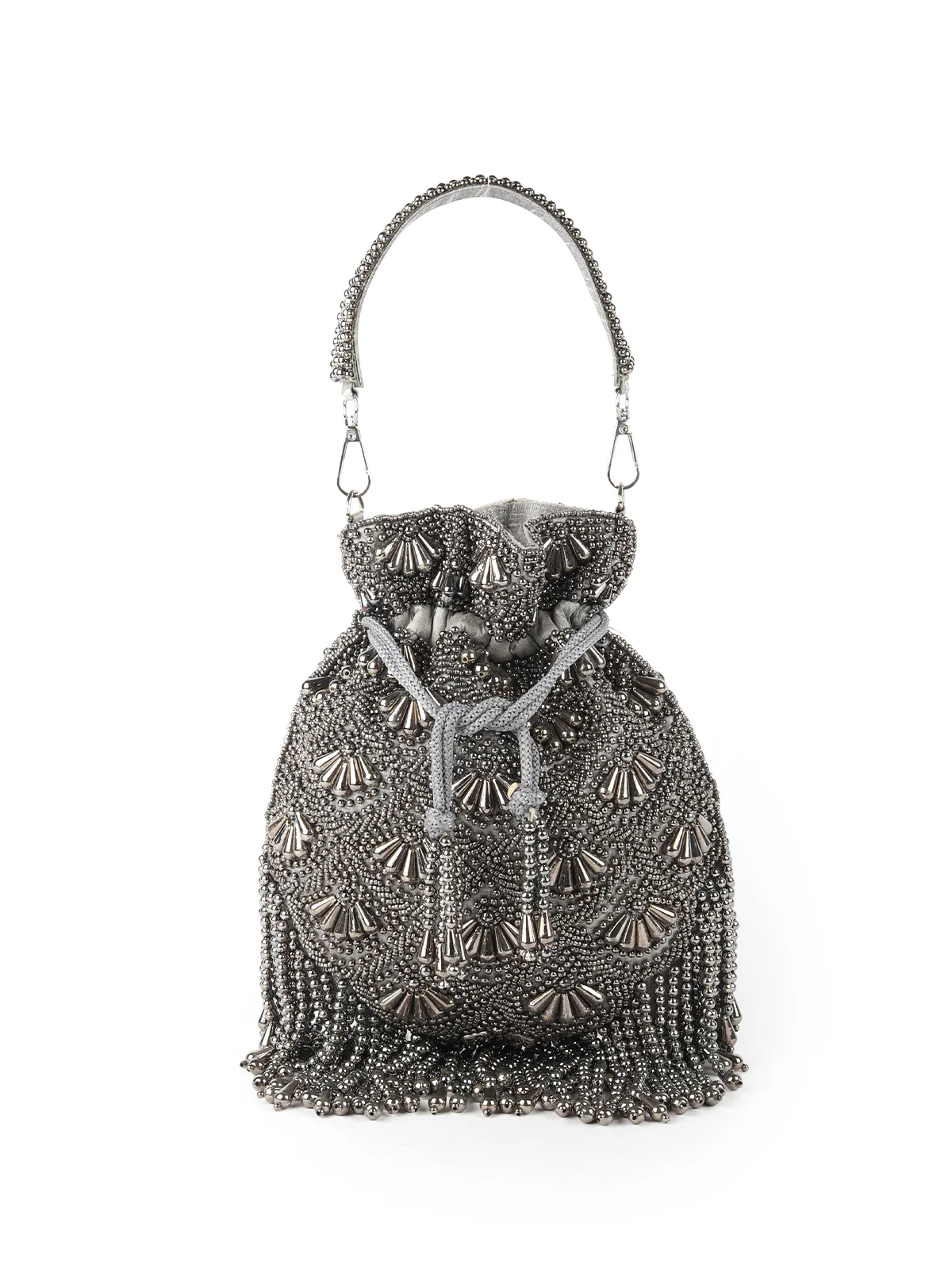 Odette Dark Grey Pearl Embroidered Potli Bag For Women - Image 3