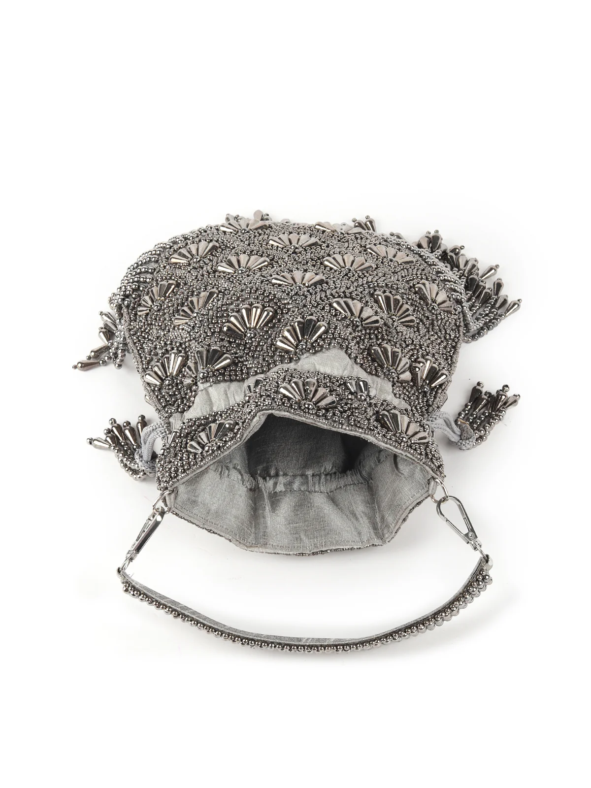 Odette Dark Grey Pearl Embroidered Potli Bag For Women - Image 6