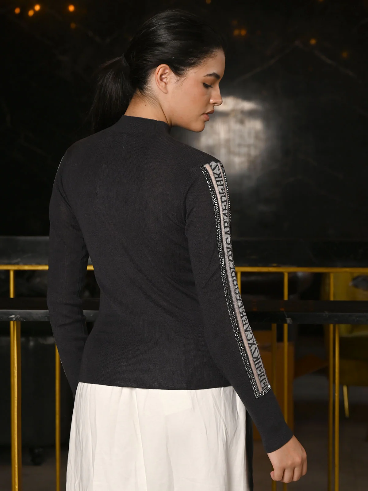 Odette Dark Grey Polyester Lycra Patterned Top For Women - Image 4