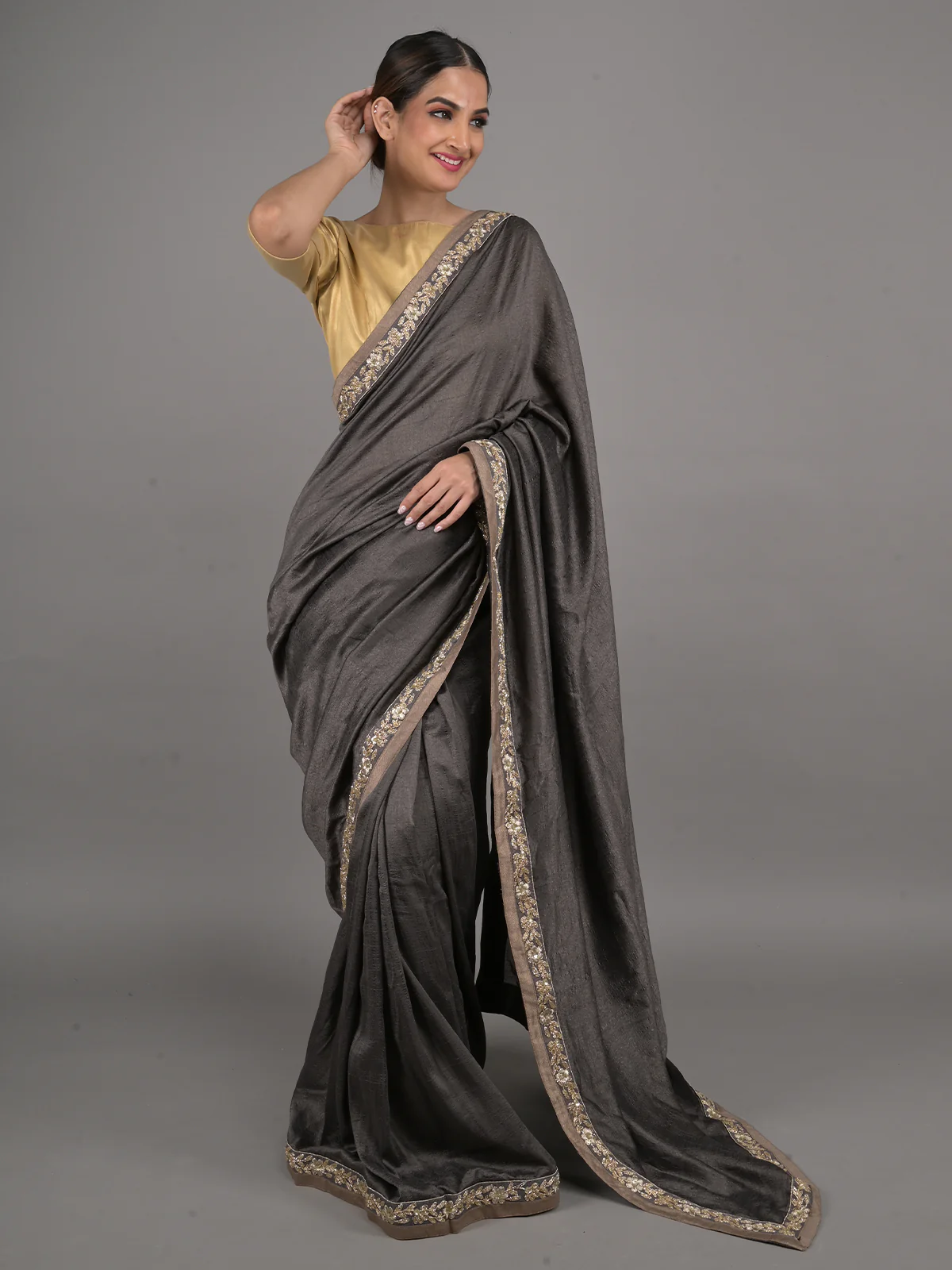 Odette Dark Grey Silk Blend Embroidered Saree With Unstitched Blouse For Women - Image 2