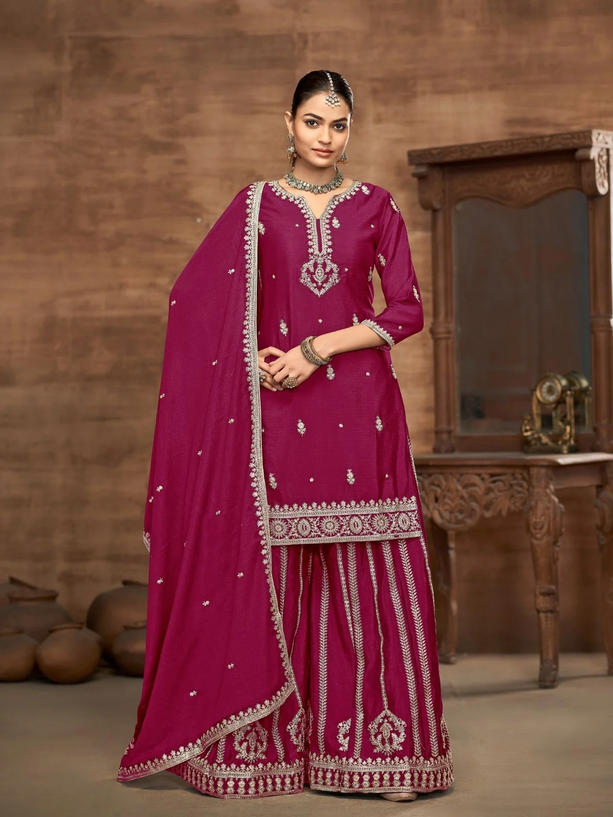 Odette Dark Magenta Chinon Embroidered Semi-Stiched Kurta Set For Women - Image 2