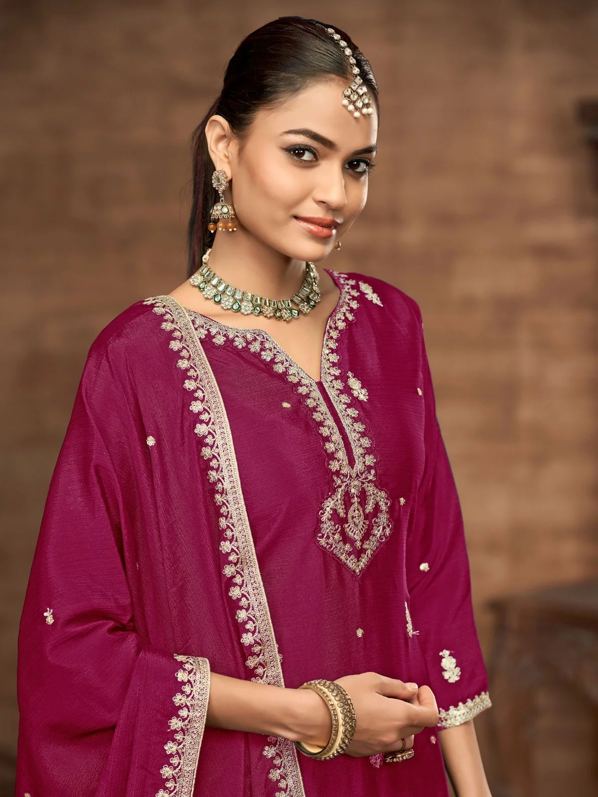 Odette Dark Magenta Chinon Embroidered Semi-Stiched Kurta Set For Women - Image 4