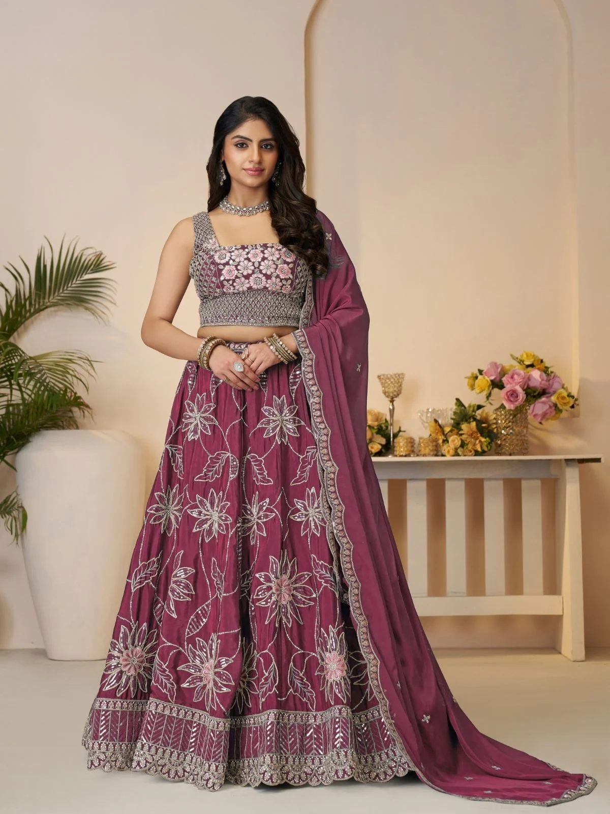 Odette Dark Magenta Silk Blend Embroidered Semi-Stitched Lehenga For Women