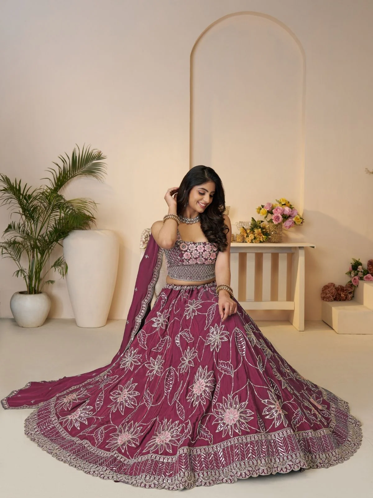 Odette Dark Magenta Silk Blend Embroidered Semi-Stitched Lehenga For Women - Image 2