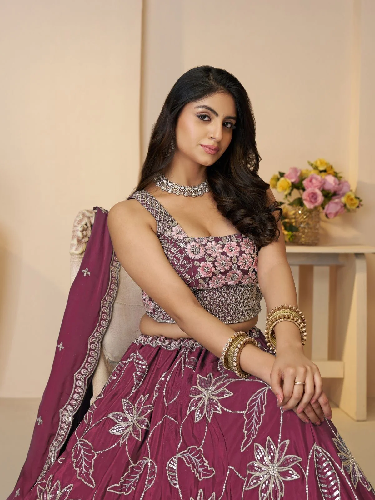 Odette Dark Magenta Silk Blend Embroidered Semi-Stitched Lehenga For Women - Image 3