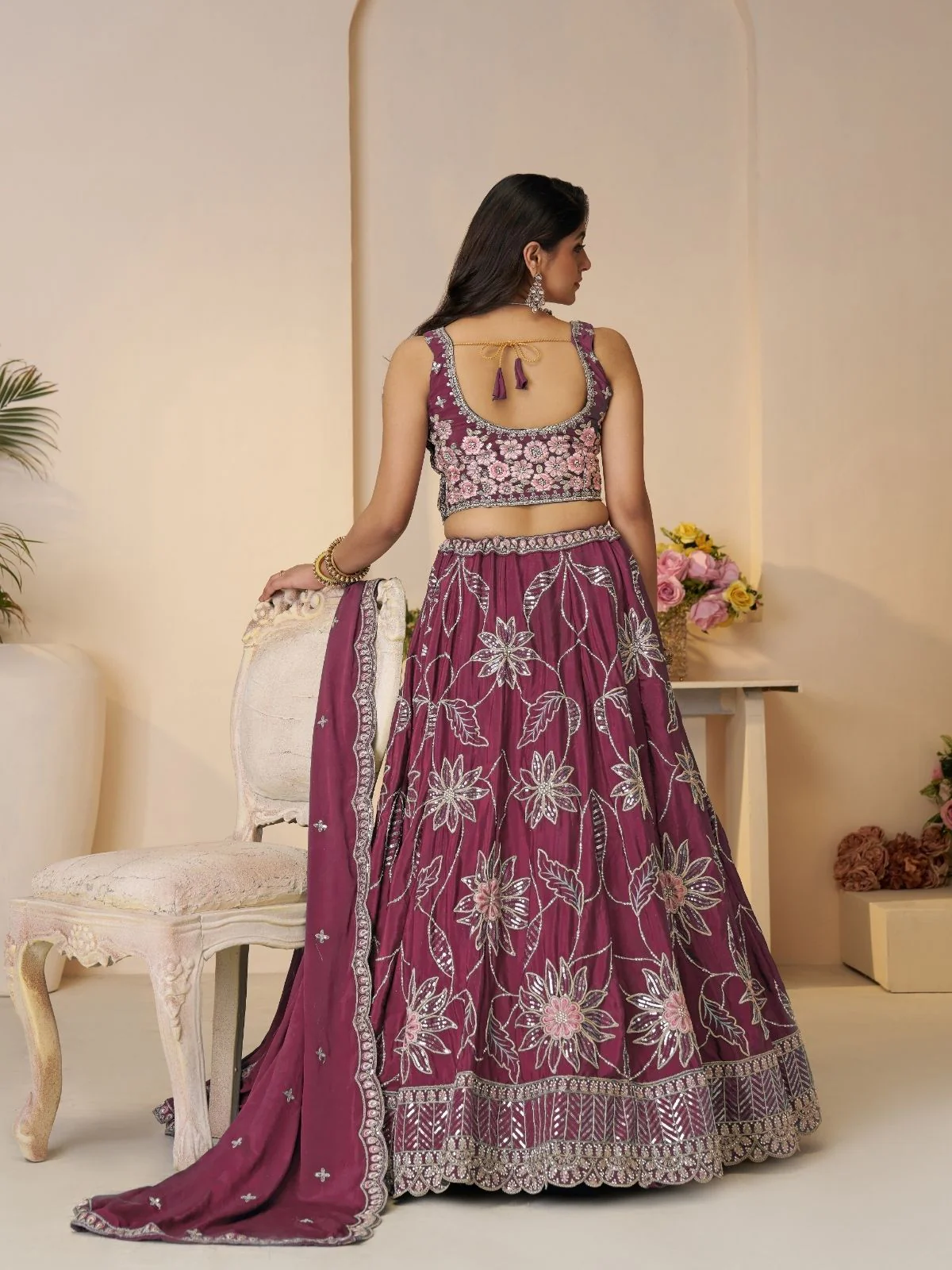 Odette Dark Magenta Silk Blend Embroidered Semi-Stitched Lehenga For Women - Image 4
