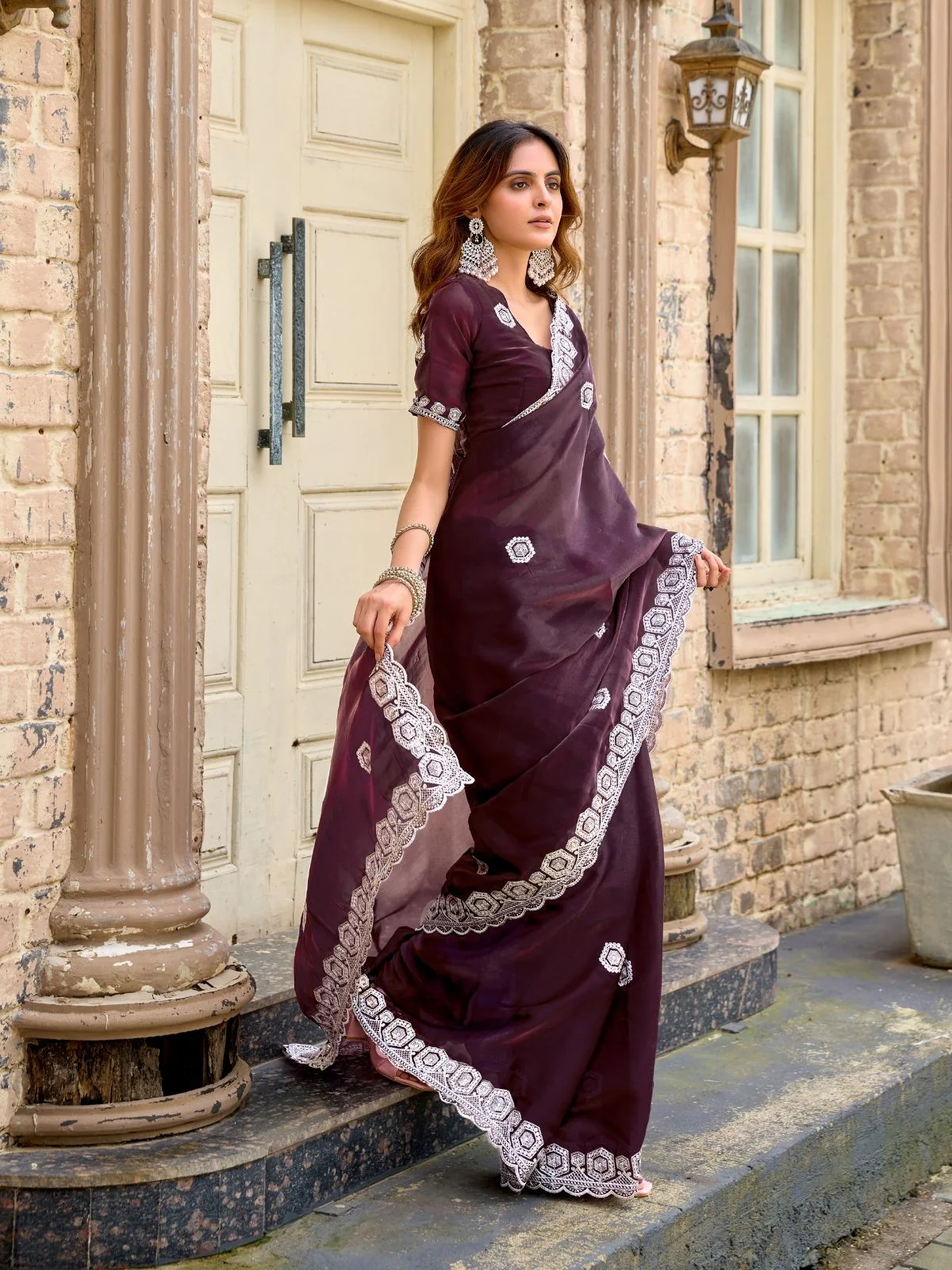Odette Dark Maroon Chiffon Embellished Saree For Women - Image 2