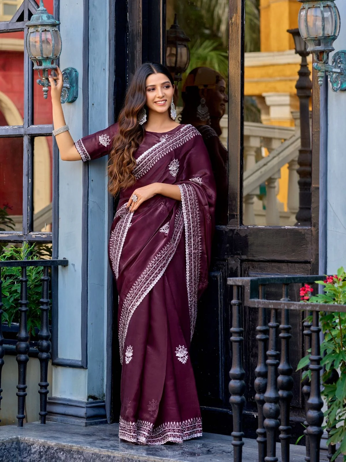 Odette Dark Maroon Chiffon Embroidered Saree For Women