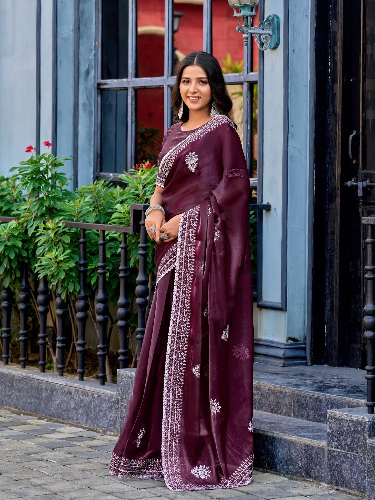 Odette Dark Maroon Chiffon Embroidered Saree For Women - Image 2