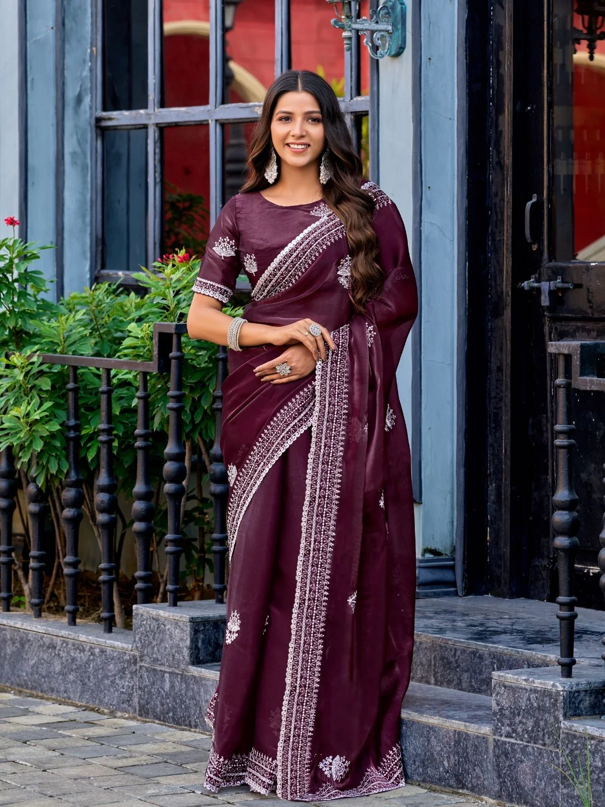 Odette Dark Maroon Chiffon Embroidered Saree For Women - Image 3
