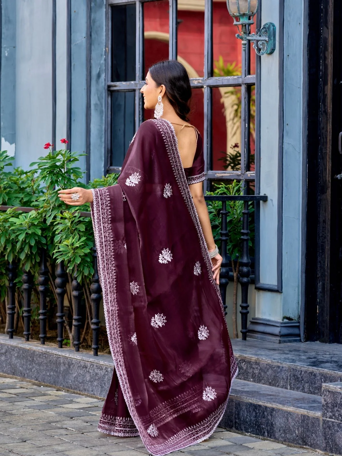 Odette Dark Maroon Chiffon Embroidered Saree For Women - Image 4