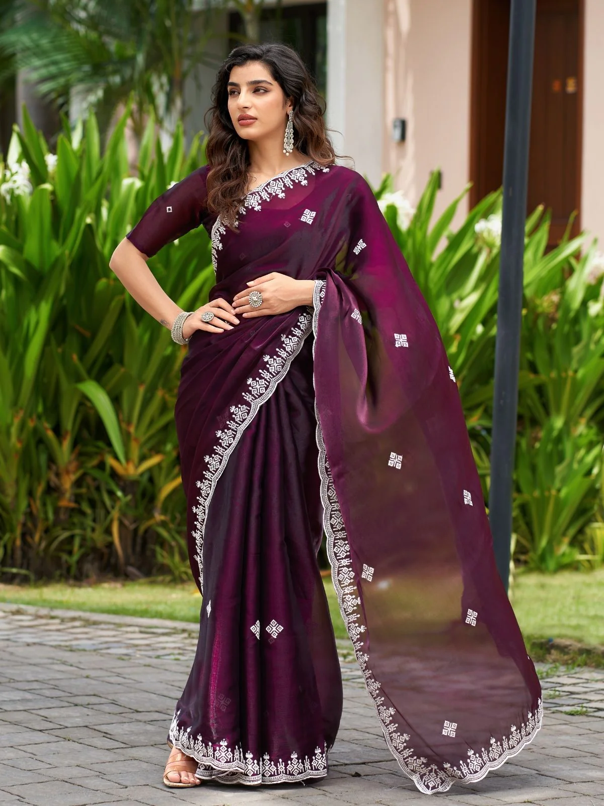 Odette Dark Maroon Chiffon Embroidered Saree For Women