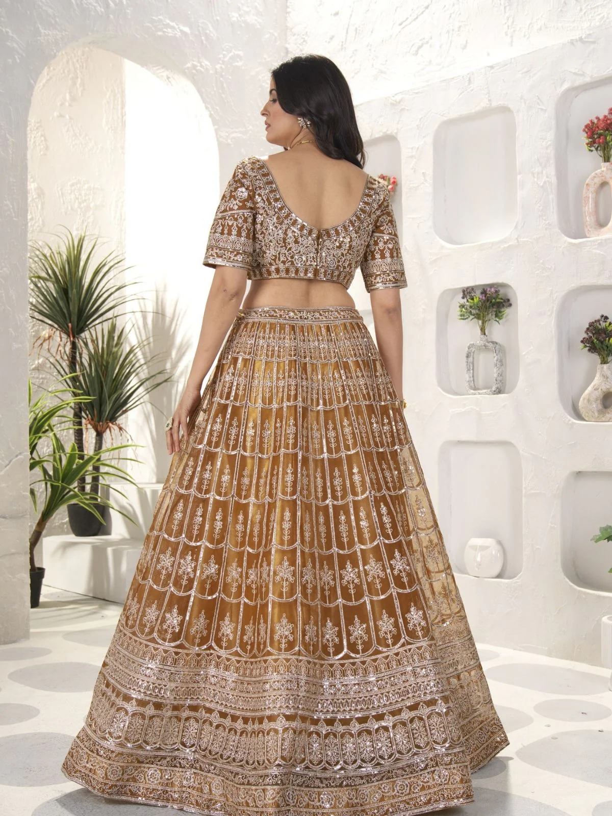 Odette Dark Mustard Net Embroidered Semi-Stitched lehenga For Women - Image 4