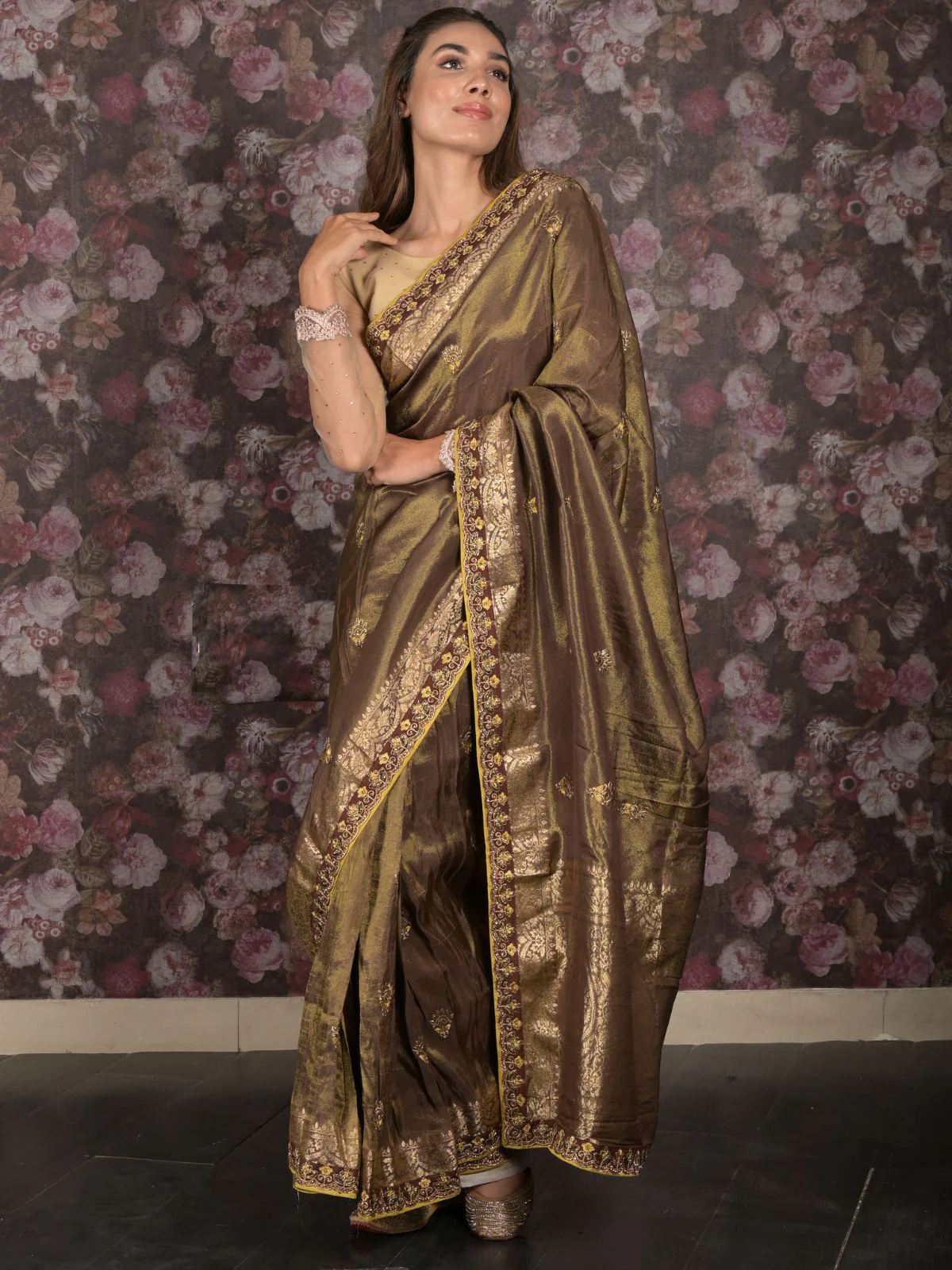 Odette Dark Olive Embroidered Silk Blend Saree with Unstitched Blouse for Women - Image 2