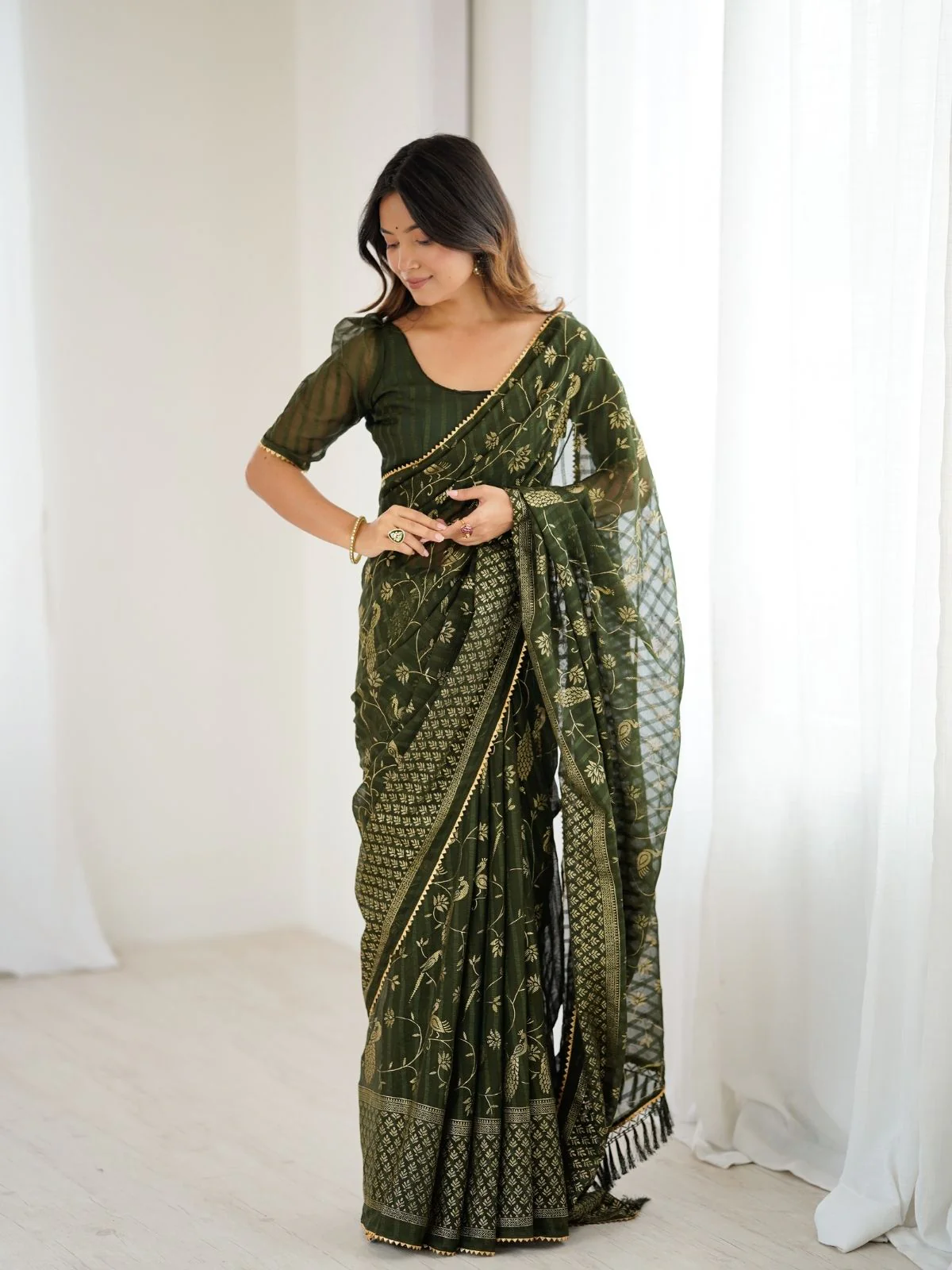 Odette Dark Olive Georgette Peacock Motifs Saree For Women