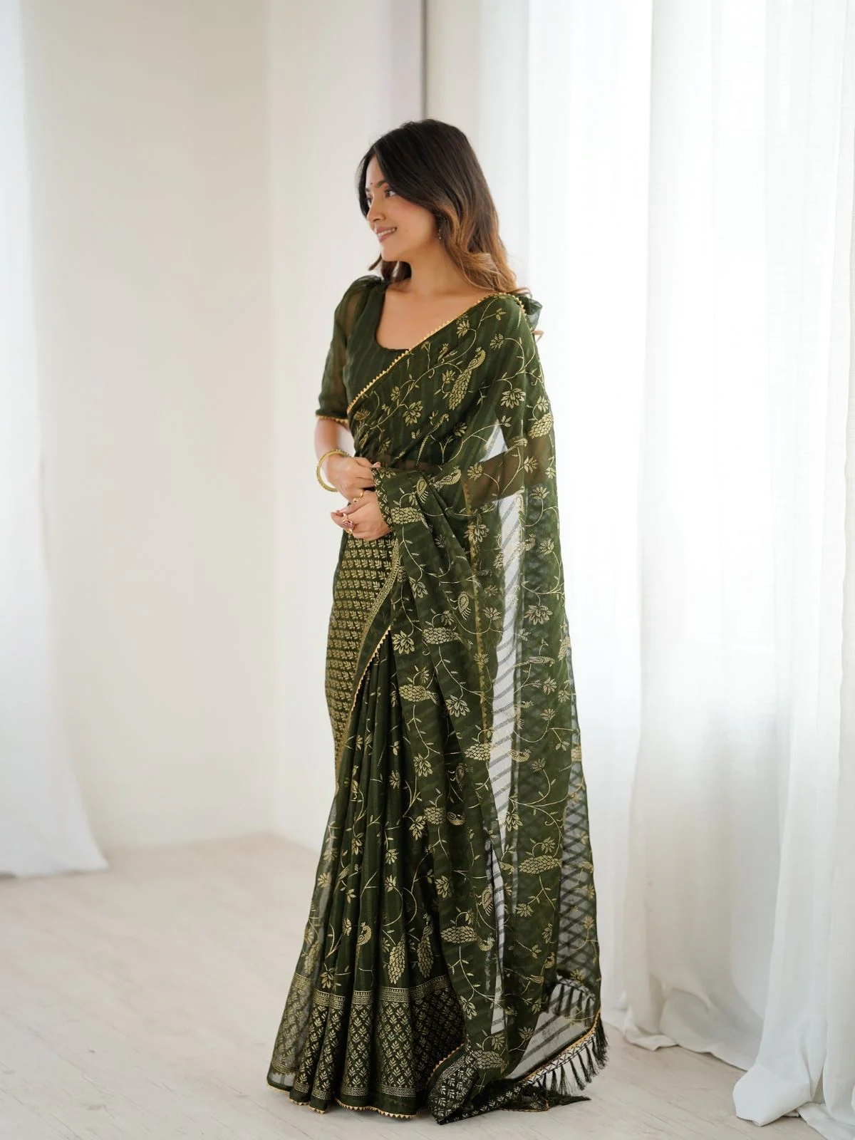 Odette Dark Olive Georgette Peacock Motifs Saree For Women - Image 2