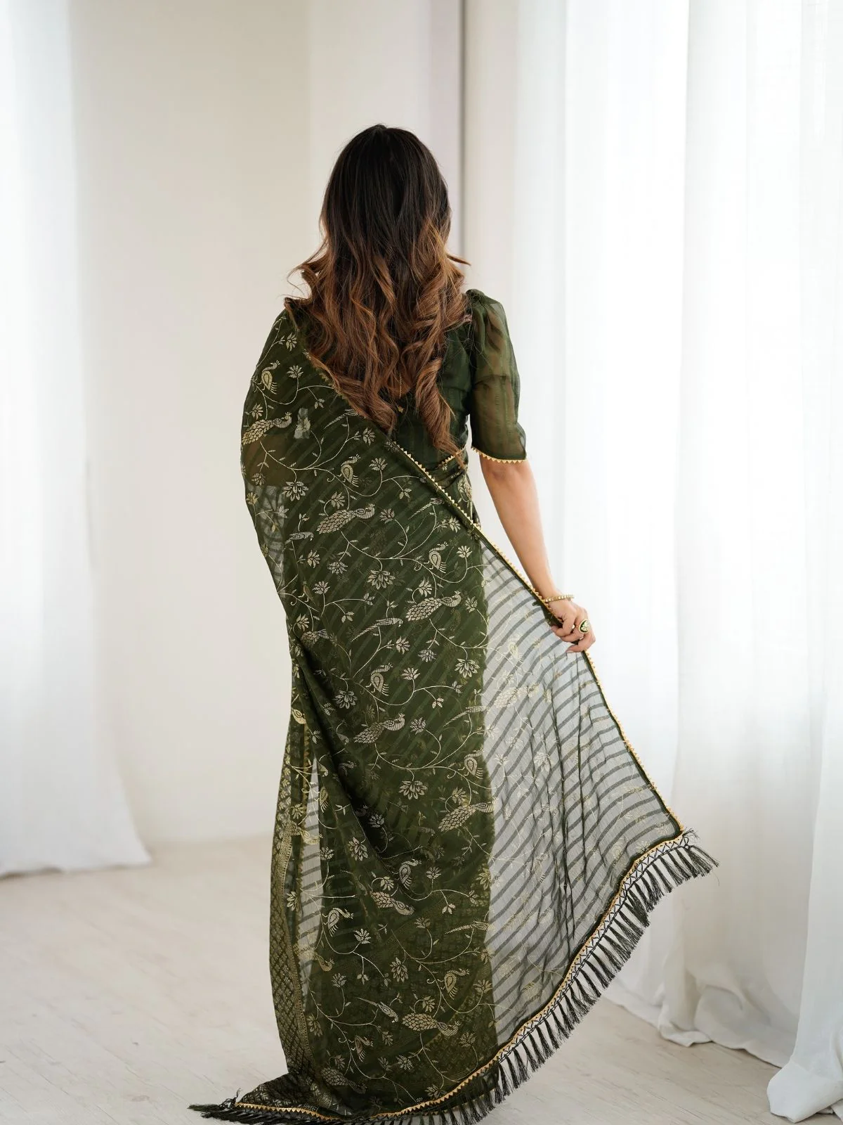 Odette Dark Olive Georgette Peacock Motifs Saree For Women - Image 3