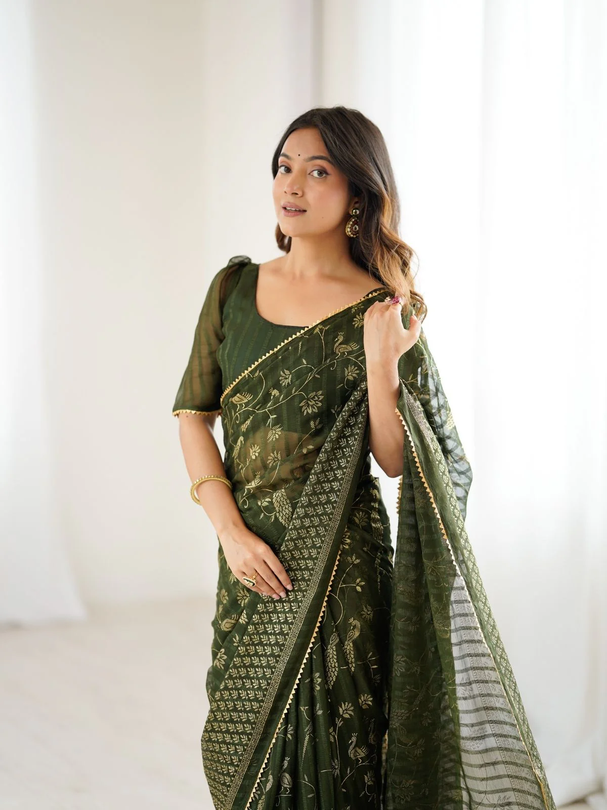 Odette Dark Olive Georgette Peacock Motifs Saree For Women - Image 4