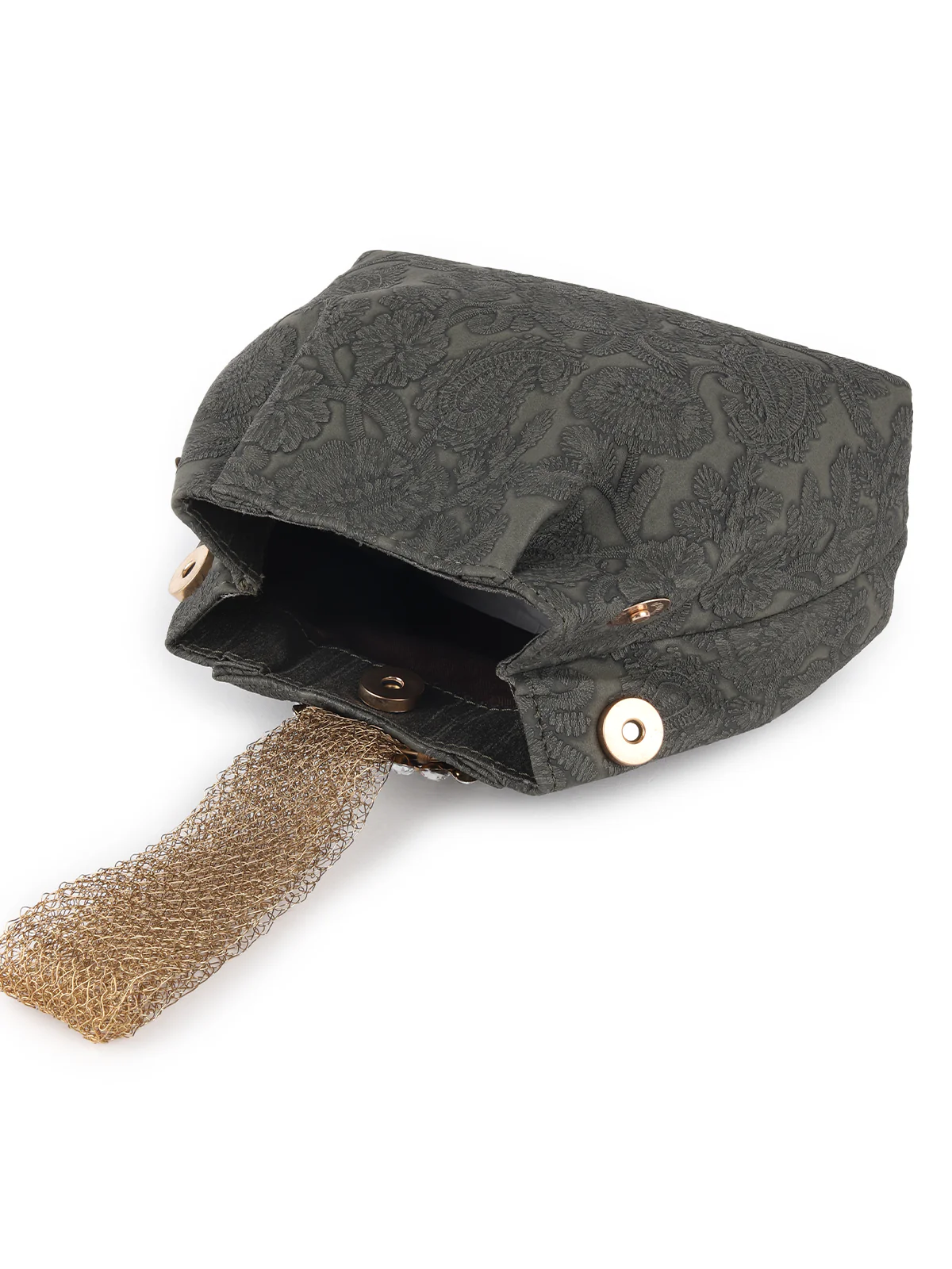 Odette Dark Olive Green Faux Stone Embellished and Textured Batua for Women - Image 6