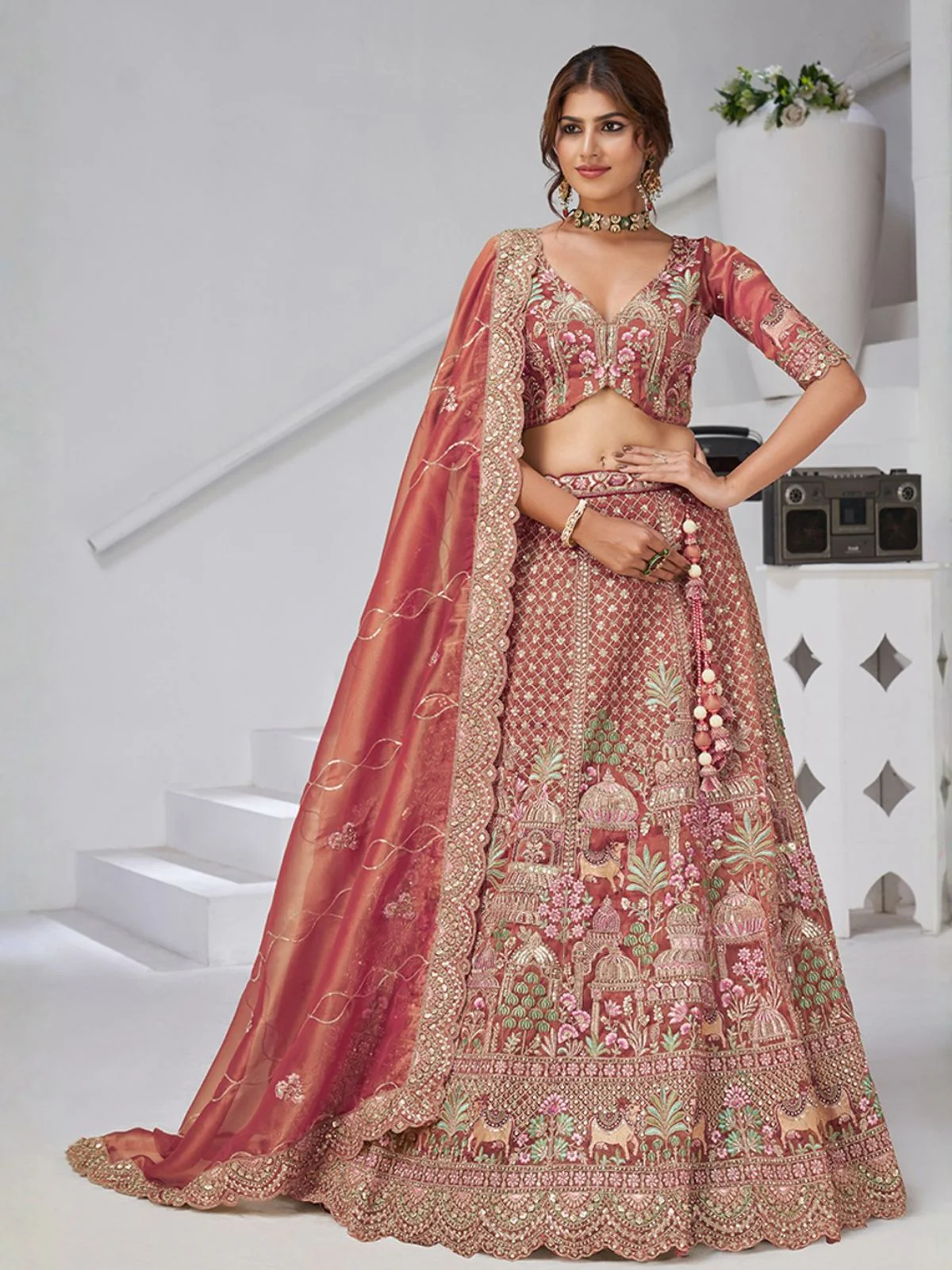 Odette Dark Peach Organza Tissue Embroidered Semi-Stitched Lehenga For Women - Image 2