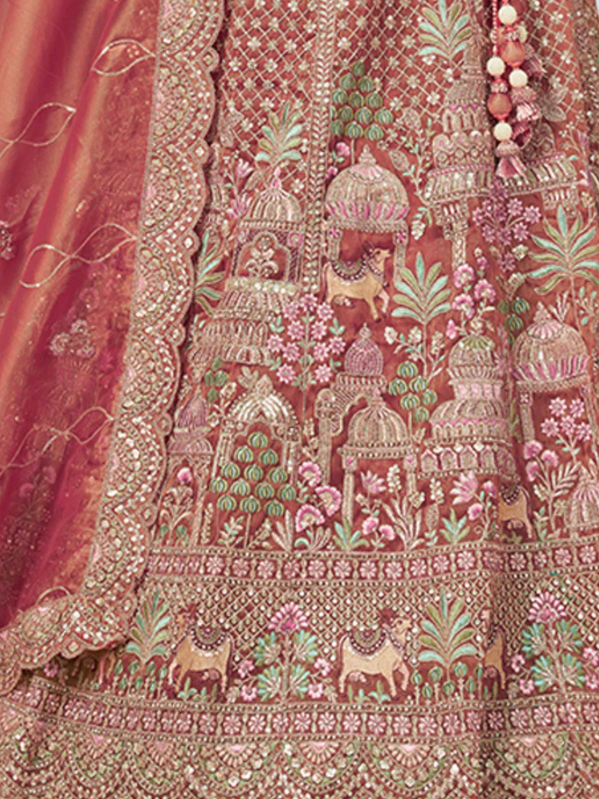 Odette Dark Peach Organza Tissue Embroidered Semi-Stitched Lehenga For Women - Image 5