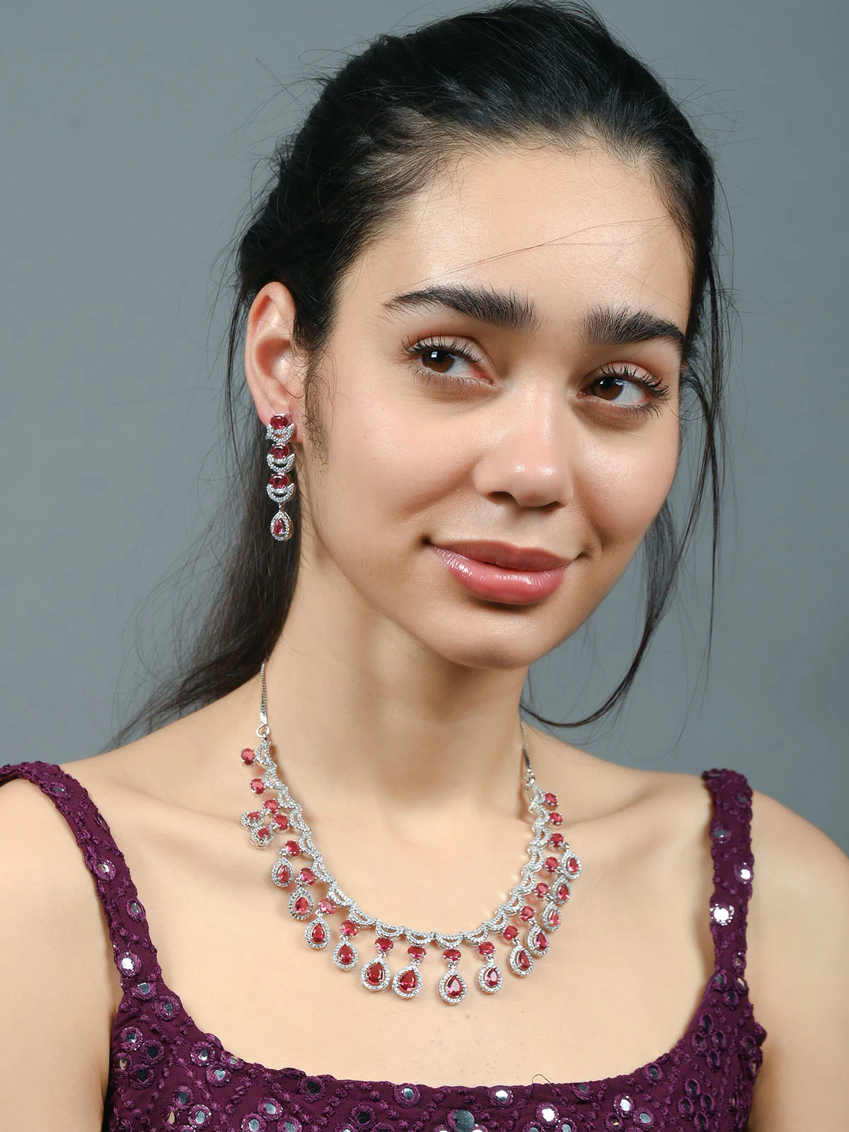 Odette Dark Pink Alloy Embellished Jewellery Set For Women
