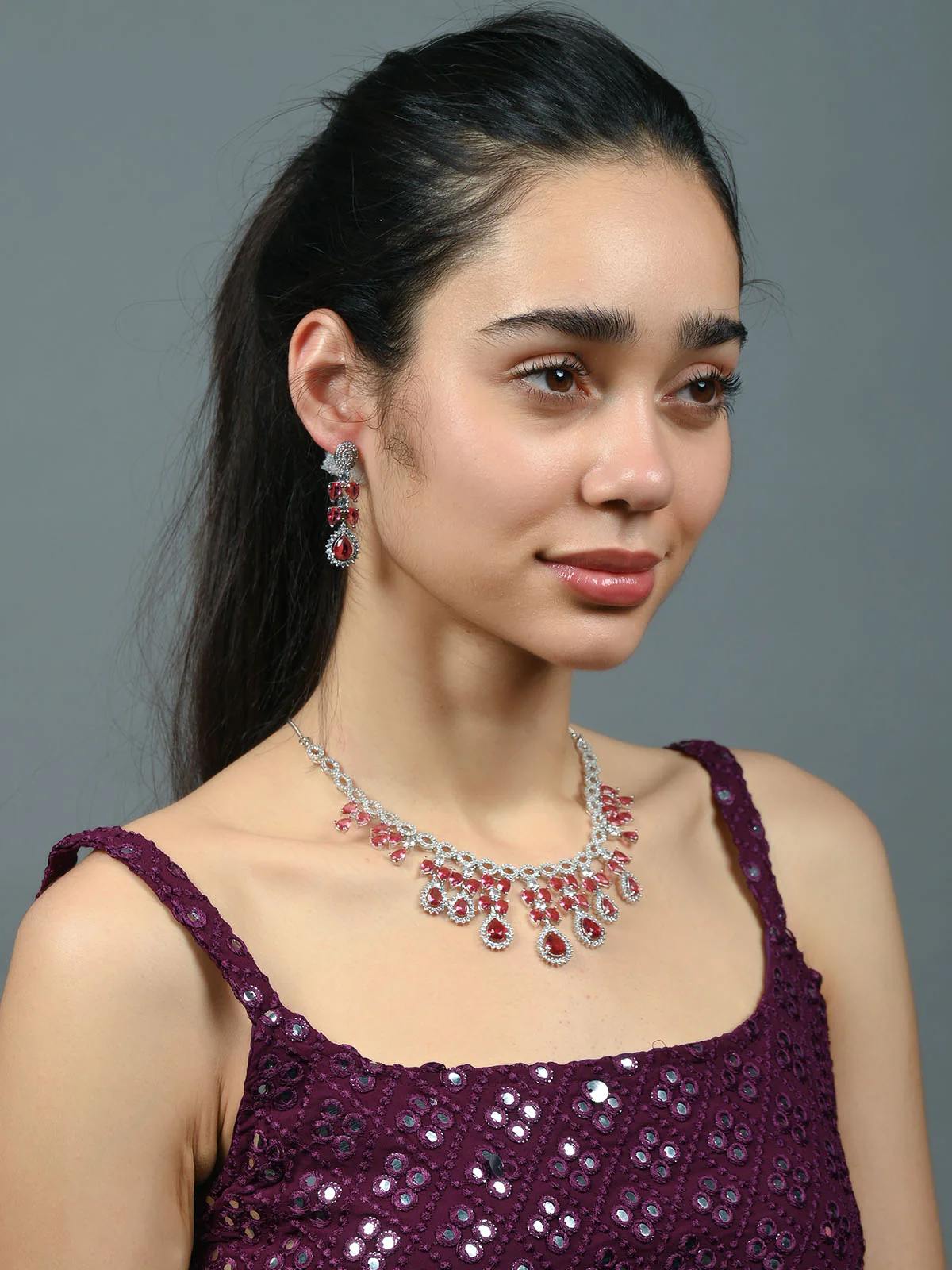 Odette Dark Pink Alloy Embellished Jewellery Set For Women