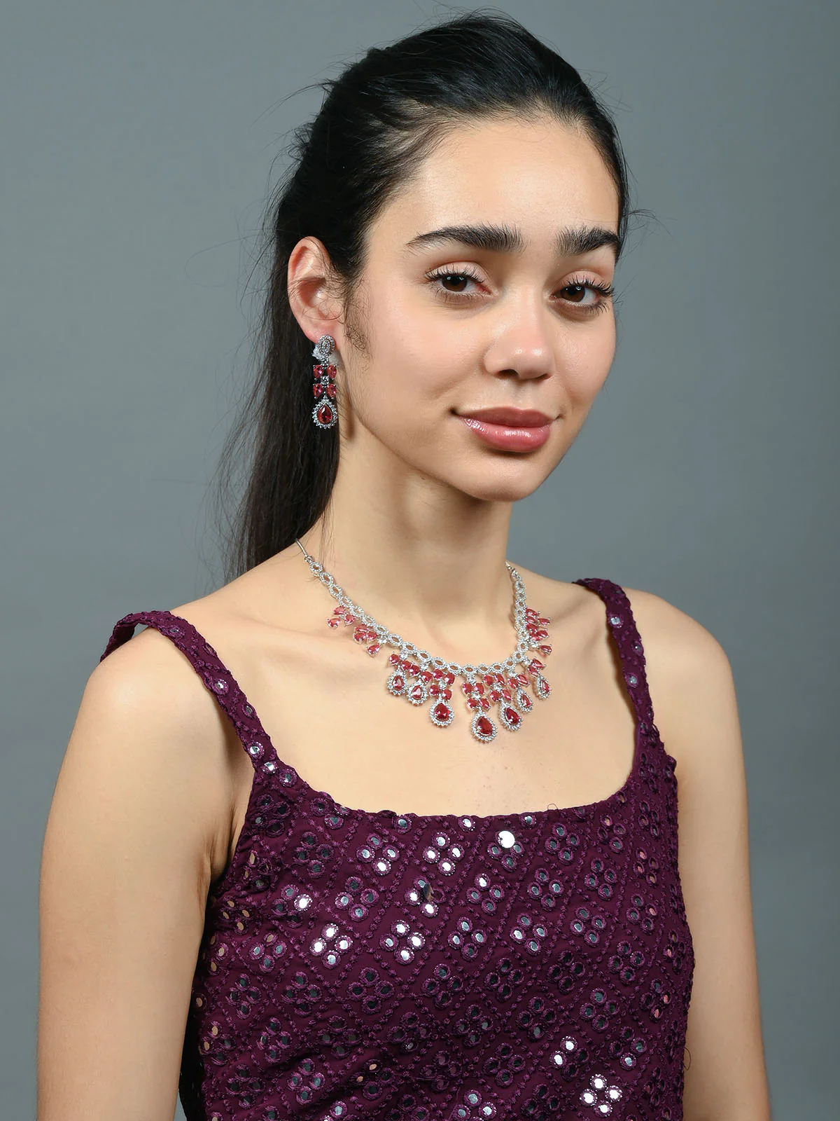 Odette Dark Pink Alloy Embellished Jewellery Set For Women - Image 2