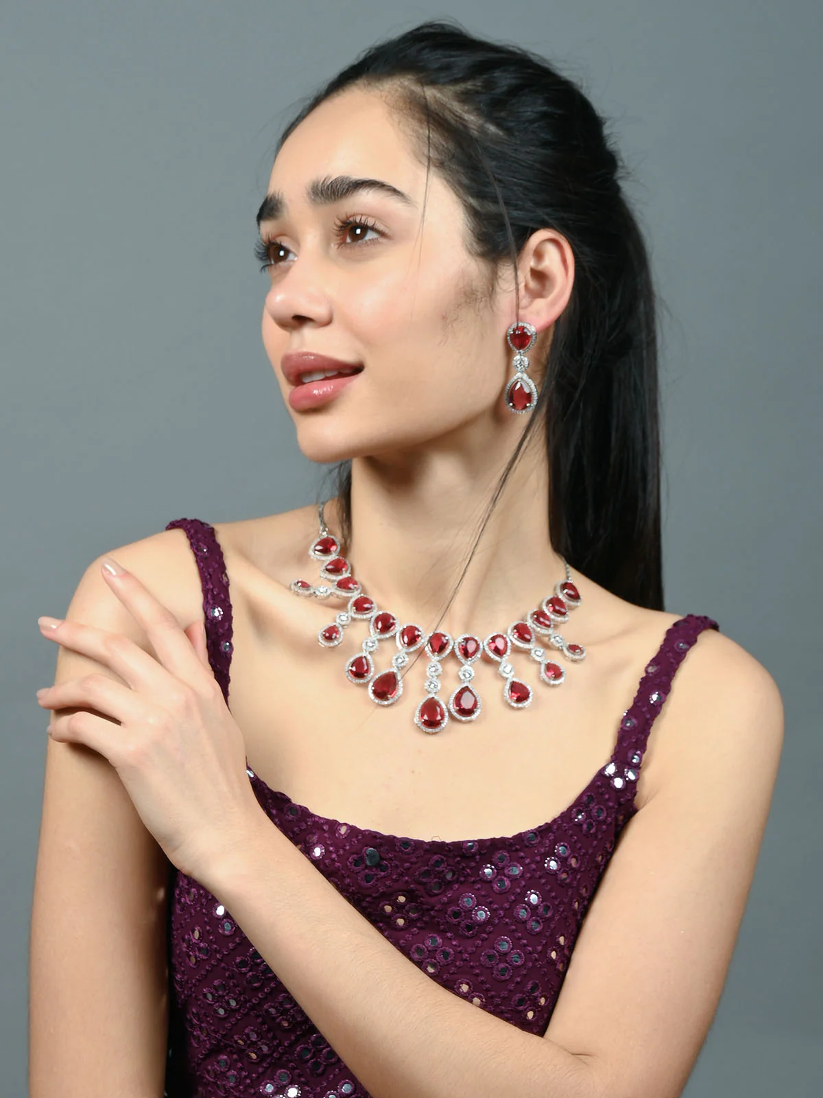 Odette Dark Pink Alloy Embellished Jewellery Set For Women