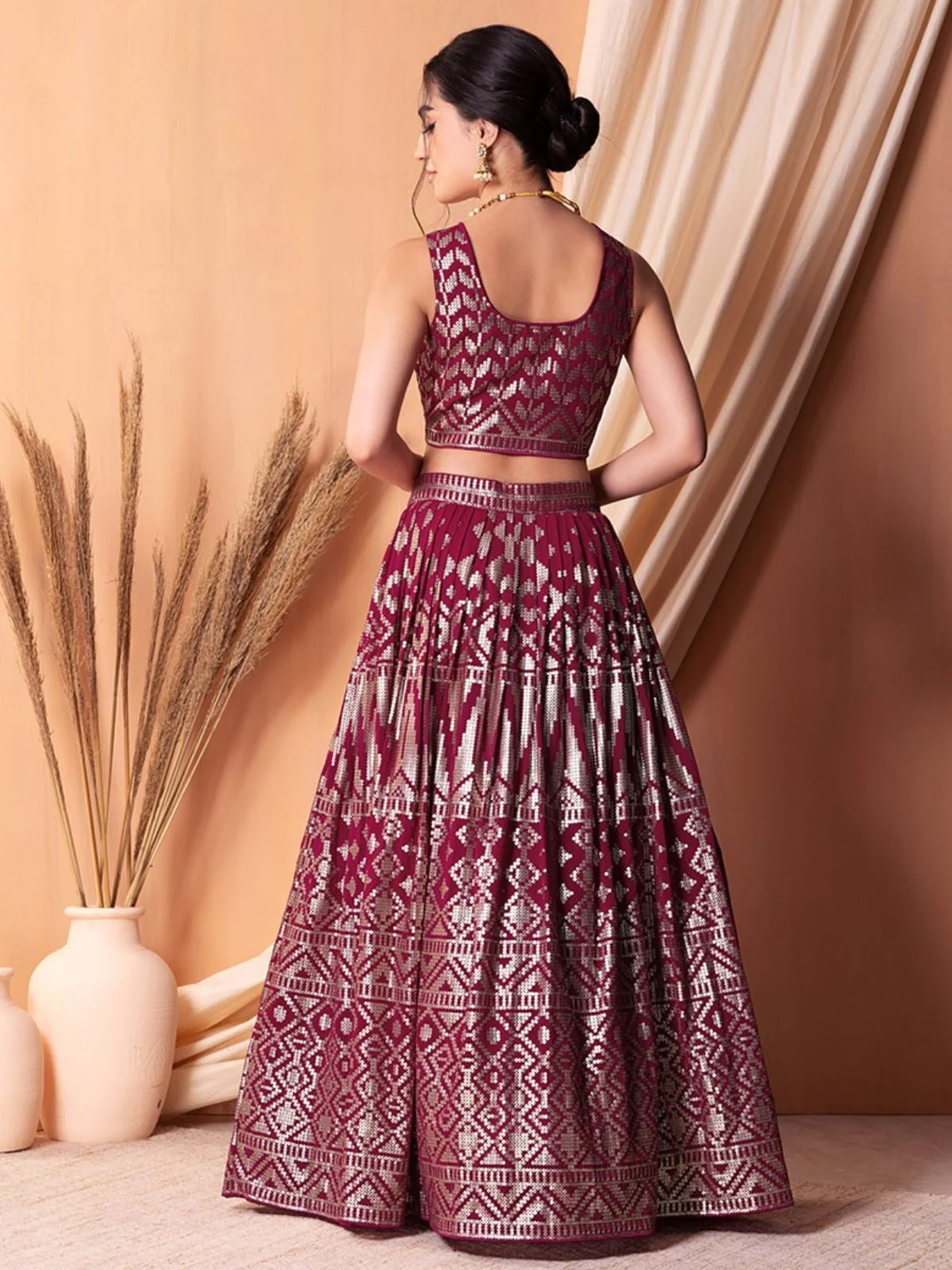 Odette Dark Pink Georgette Embellished Semi-Stitched Lehenga For Women - Image 3