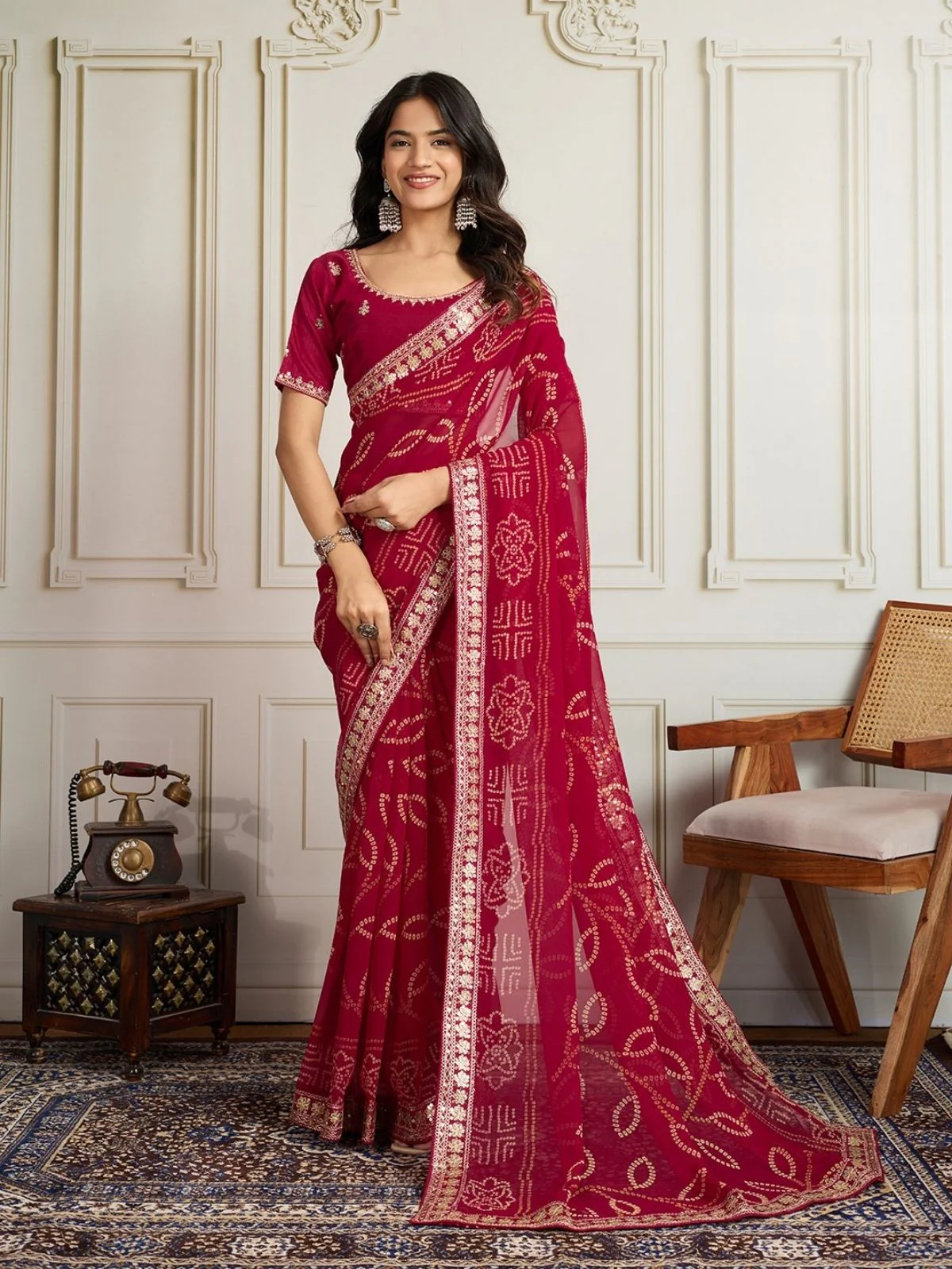 Odette Dark Pink Georgette Printed Saree For Women