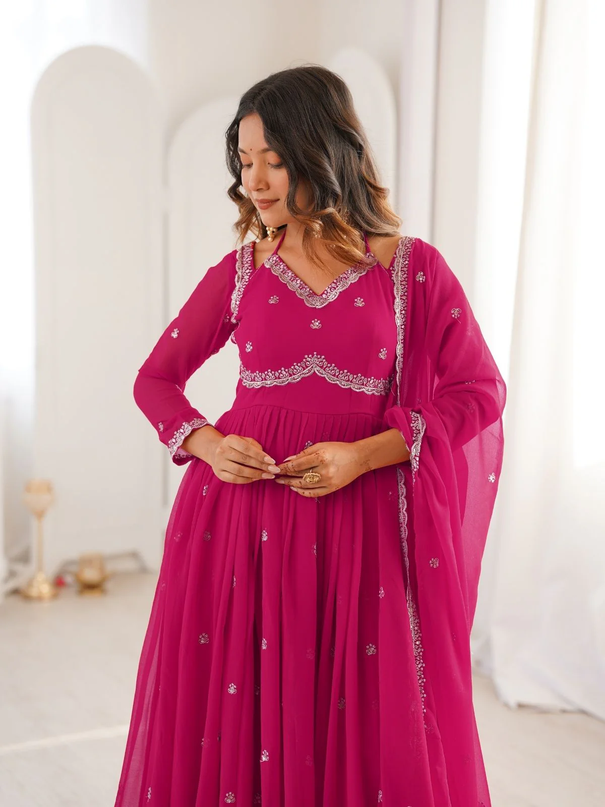 Odette Dark Pink Georgette Sequins Embroidered Stitched Kurta Set For Women - Image 6