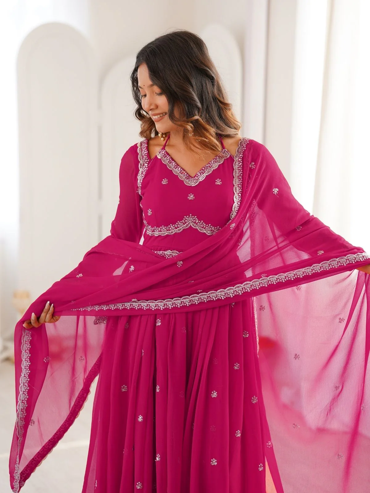 Odette Dark Pink Georgette Sequins Embroidered Stitched Kurta Set For Women - Image 8