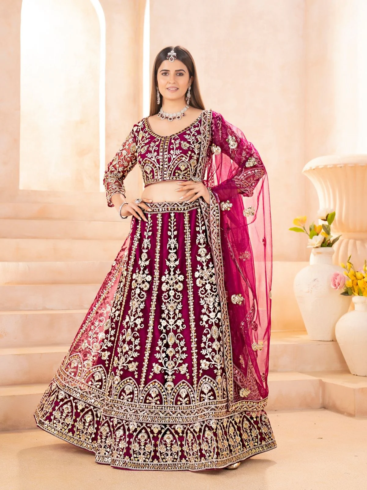Odette Dark Pink Net Embellished Semi Stitched Lehenga For Women - Image 2