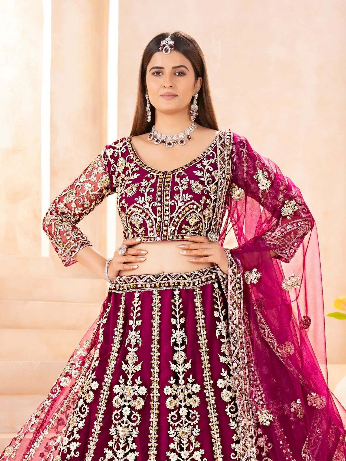 Odette Dark Pink Net Embellished Semi Stitched Lehenga For Women - Image 4
