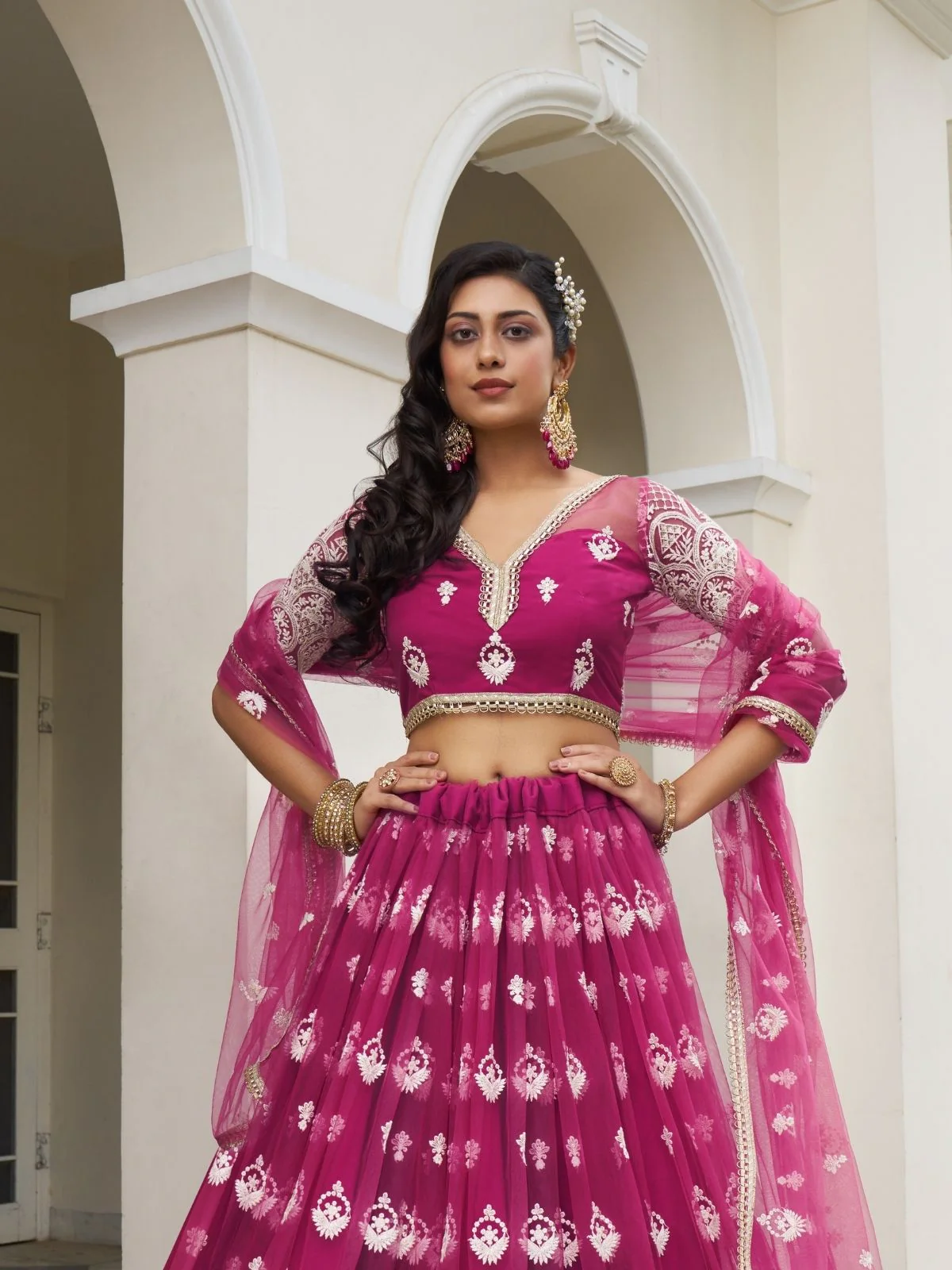 Odette Dark Pink Net Embroidered Semi Stitched Lehenga For Women - Image 2